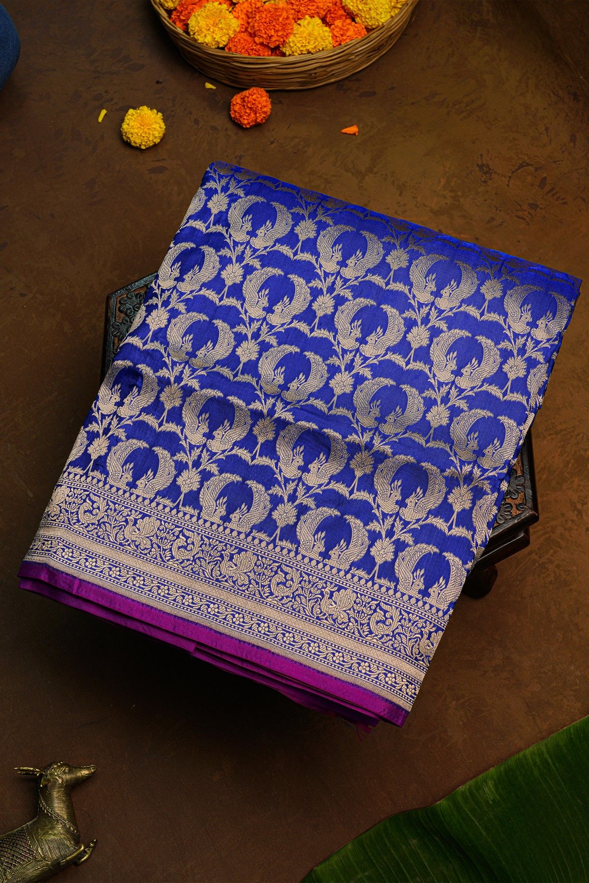 Banarasi Silk Royal Blue Saree With Florals And Peacocks Border