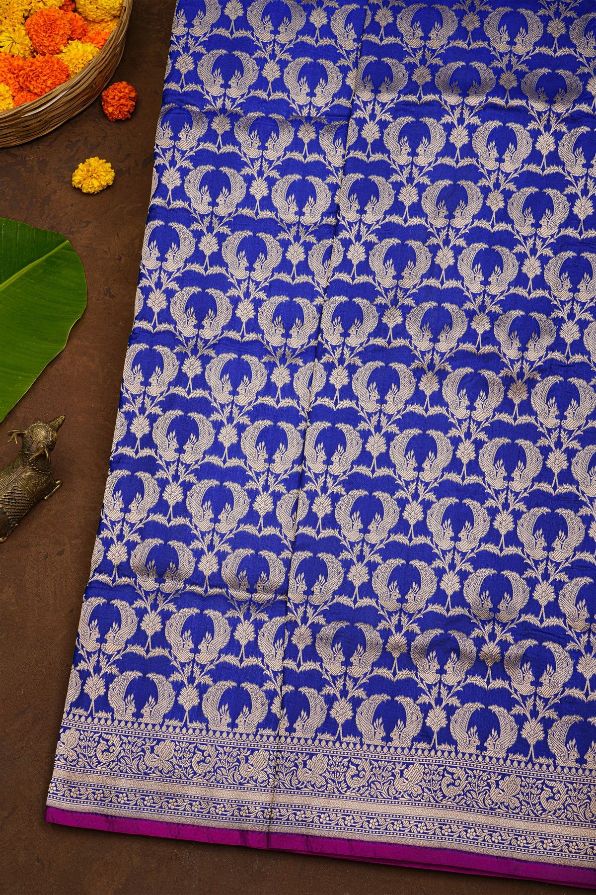 Banarasi Silk Royal Blue Saree With Florals And Peacocks Border