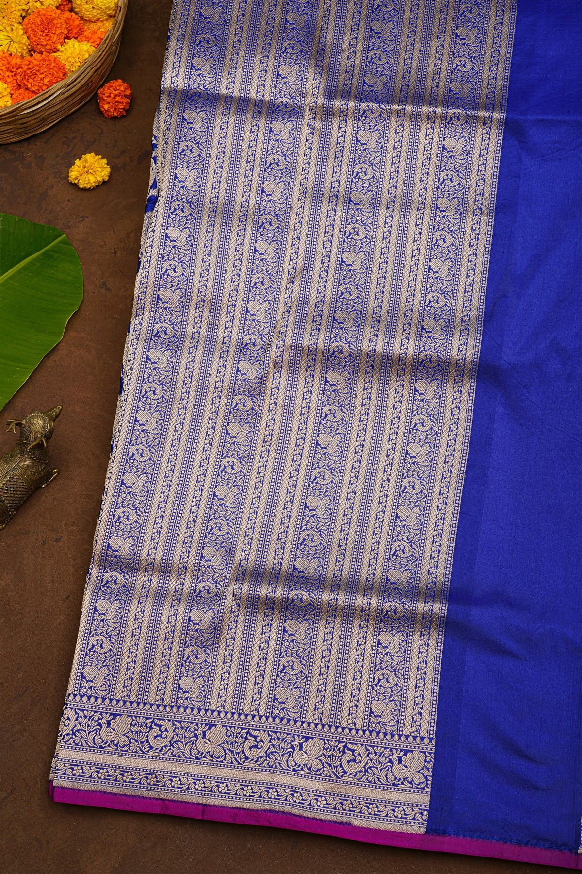 Banarasi Silk Royal Blue Saree With Florals And Peacocks Border