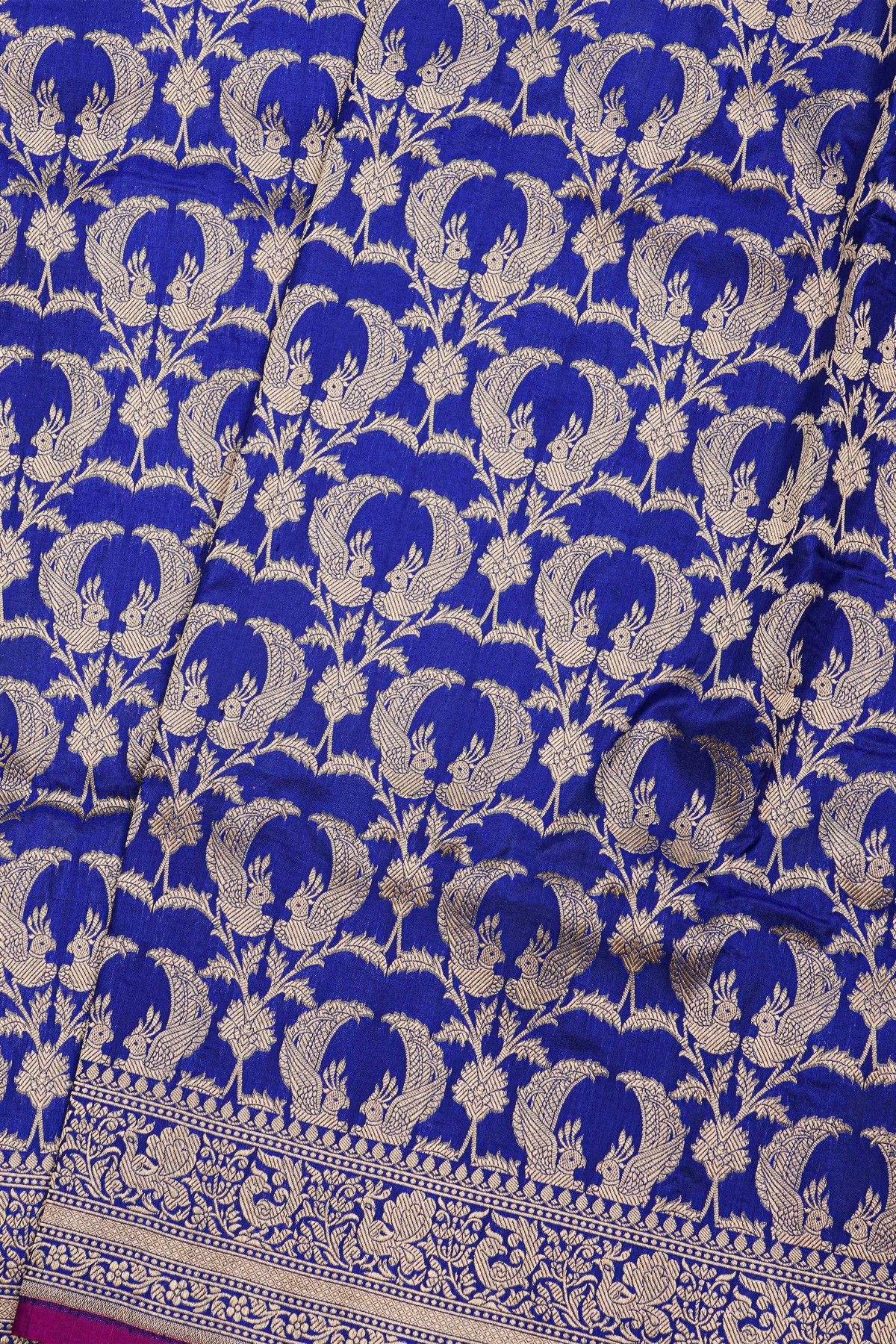 Banarasi Silk Royal Blue Saree With Florals And Peacocks Border