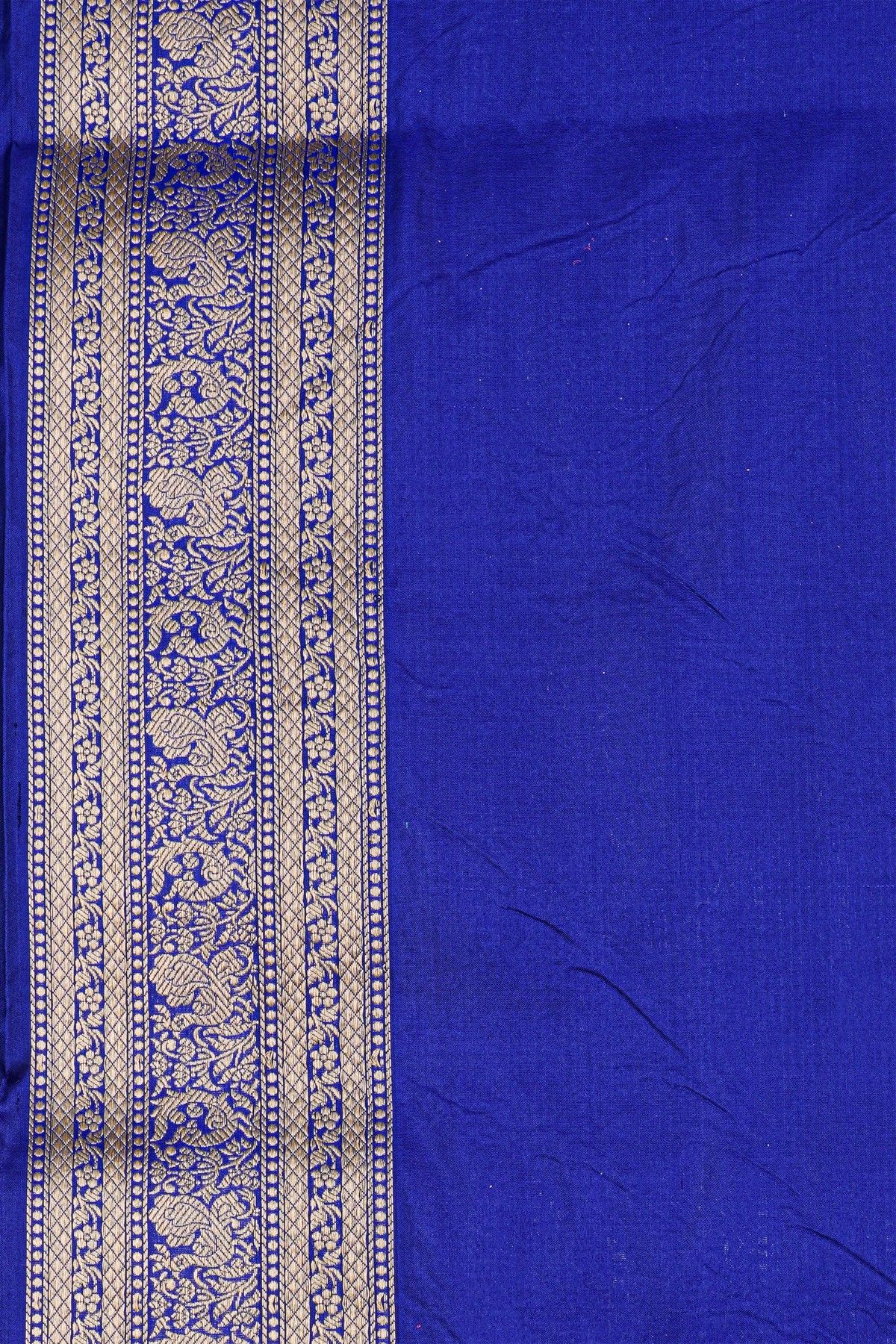 Banarasi Silk Royal Blue Saree With Florals And Peacocks Border