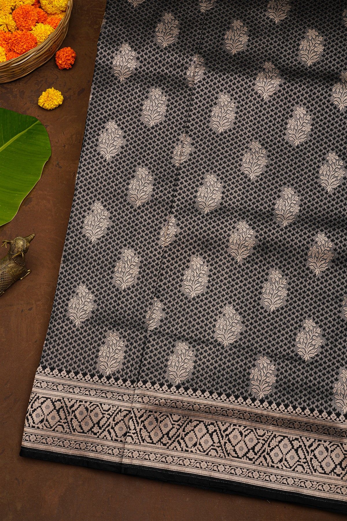 Banarasi Black Silk Saree With Florals And Buttis Body
