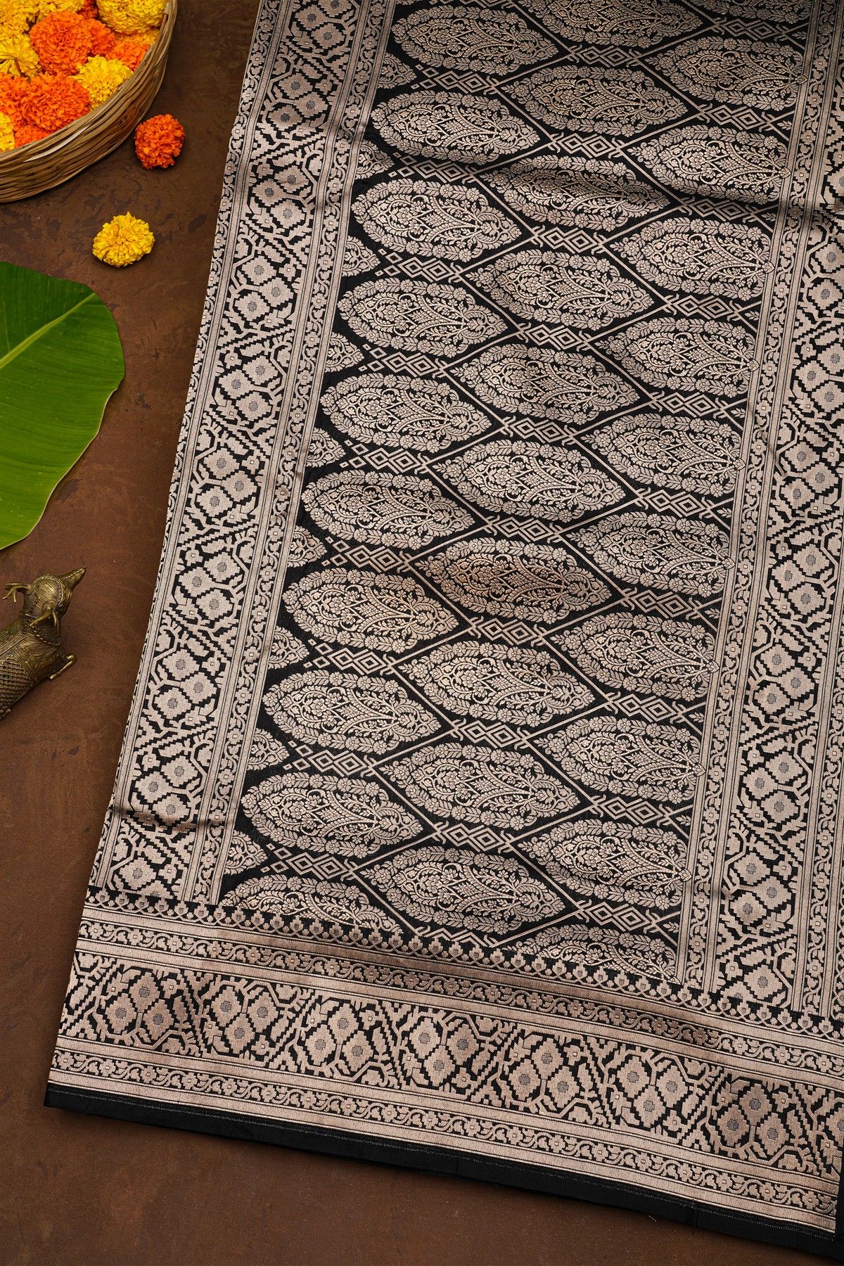 Banarasi Black Silk Saree With Florals And Buttis Body