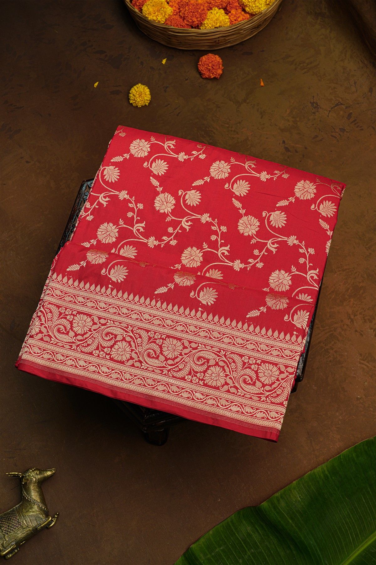 Banarasi Silk Maroon Saree With Florals And Leaves Jaal Body