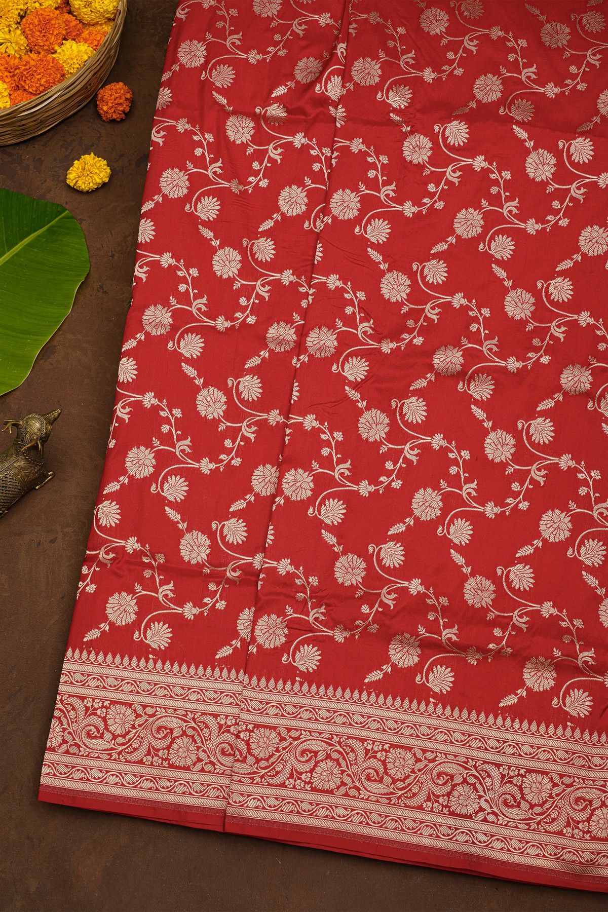 Banarasi Silk Maroon Saree With Florals And Leaves Jaal Body