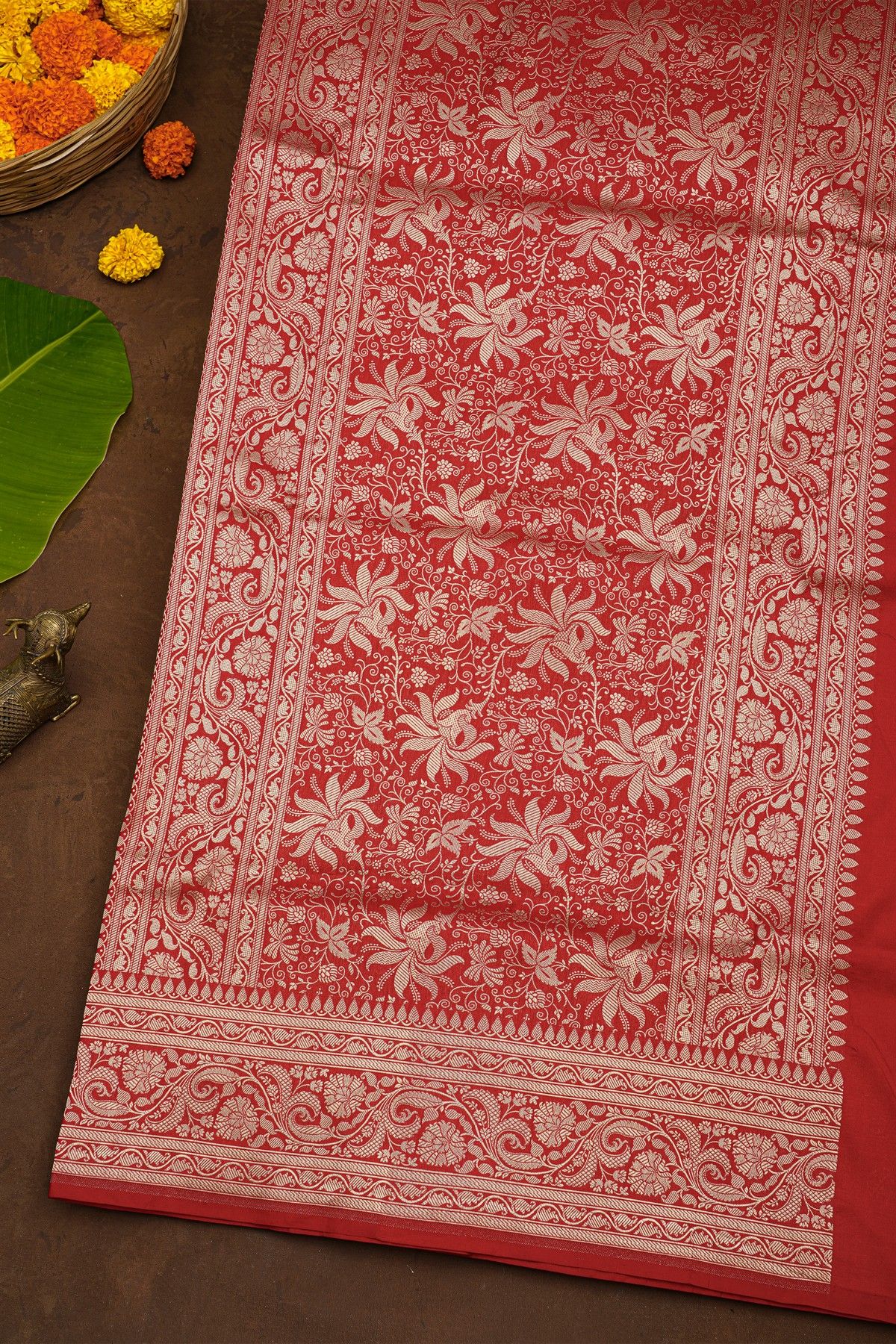 Banarasi Silk Maroon Saree With Florals And Leaves Jaal Body