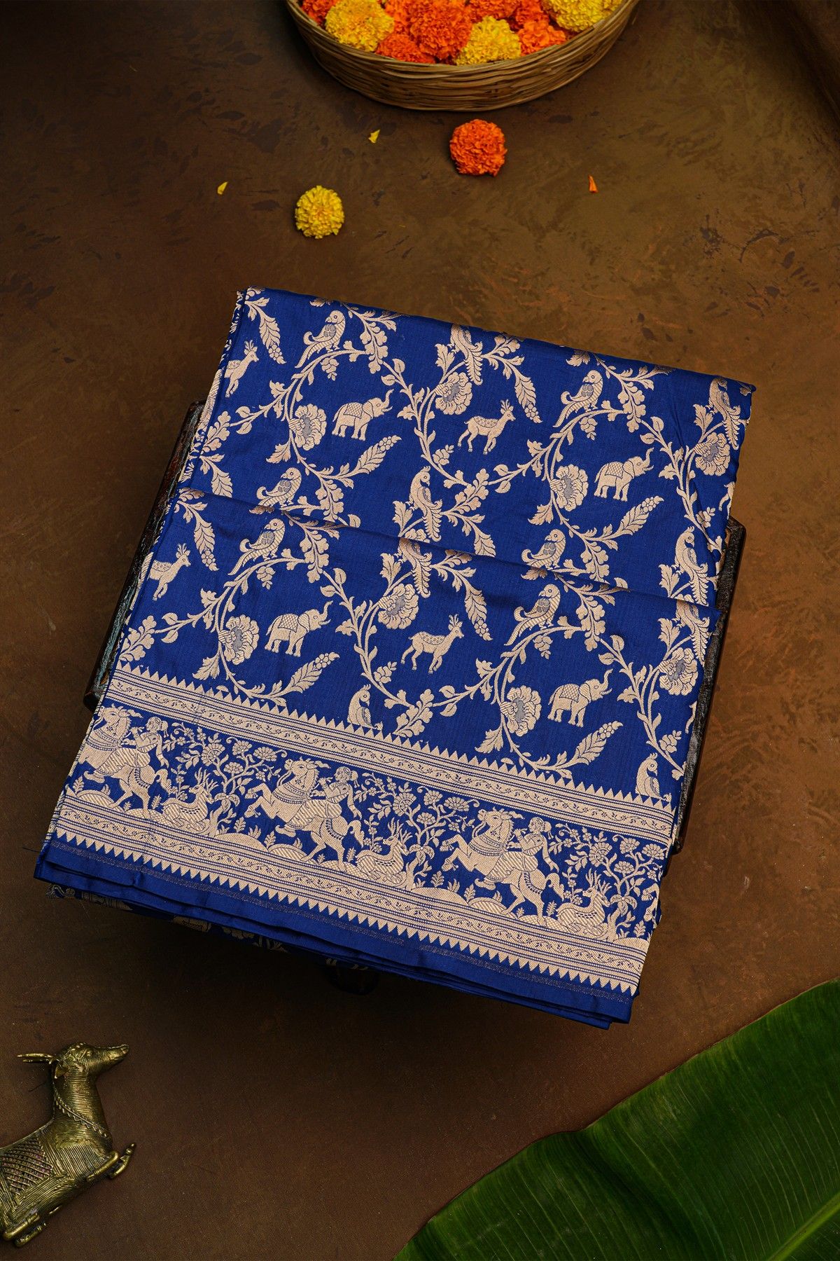 Banarasi Silk Royal Blue Saree With Animals And Humans Border