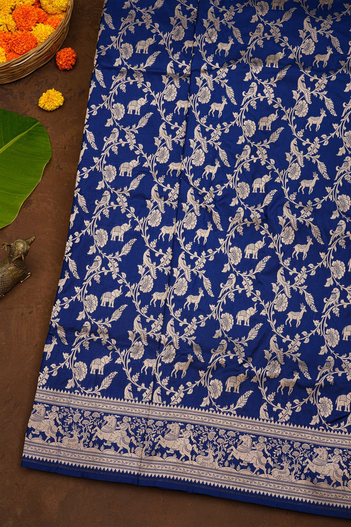 Banarasi Silk Royal Blue Saree With Animals And Humans Border