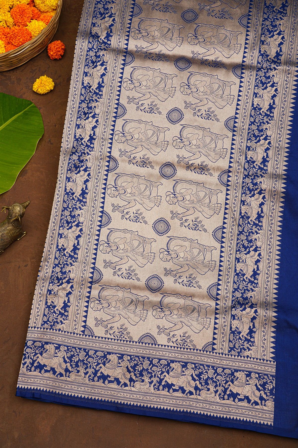 Banarasi Silk Royal Blue Saree With Animals And Humans Border