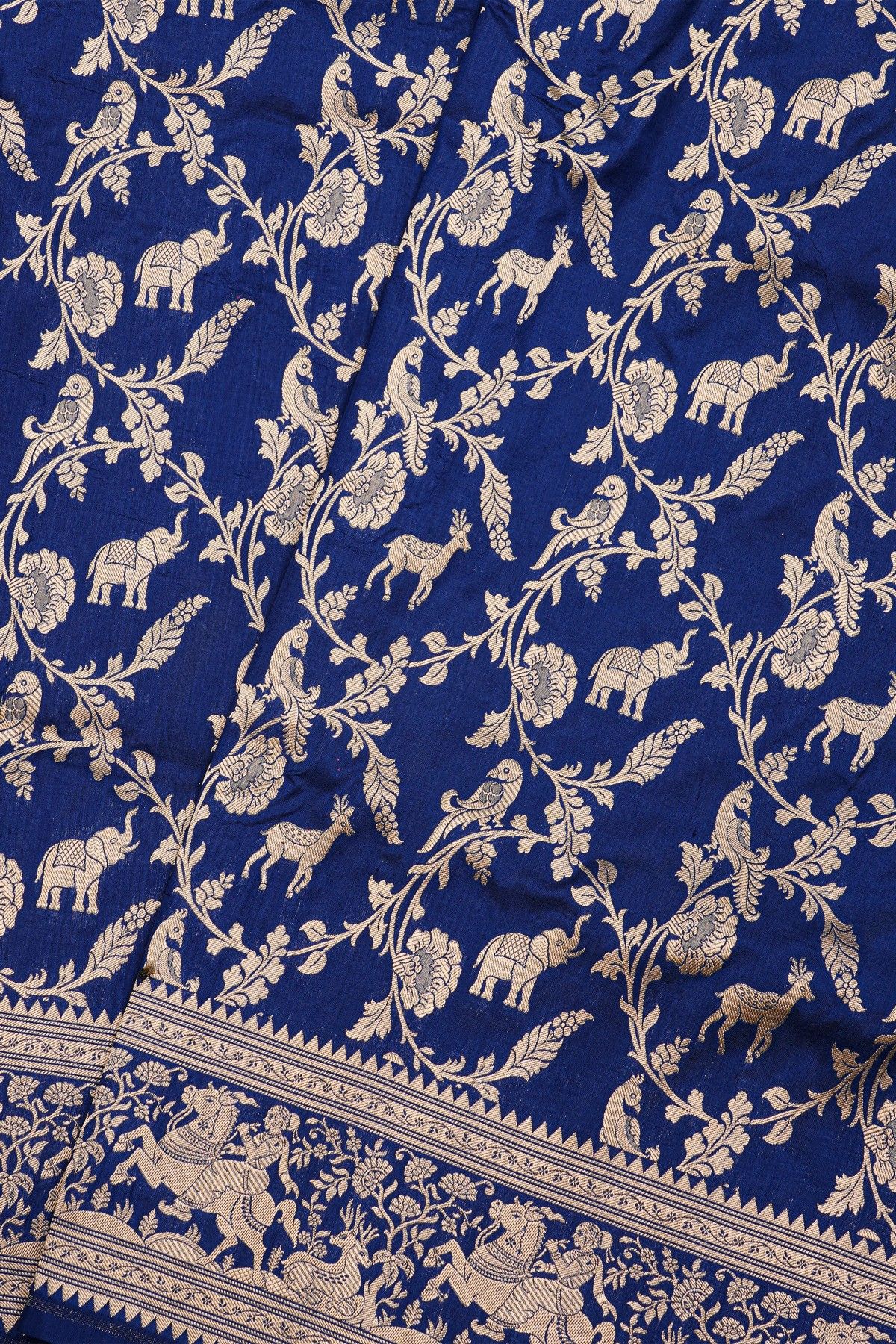 Banarasi Silk Royal Blue Saree With Animals And Humans Border