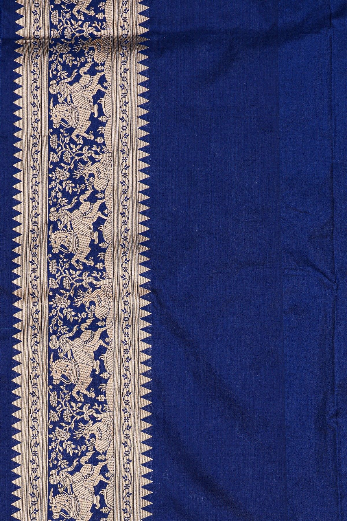 Banarasi Silk Royal Blue Saree With Animals And Humans Border