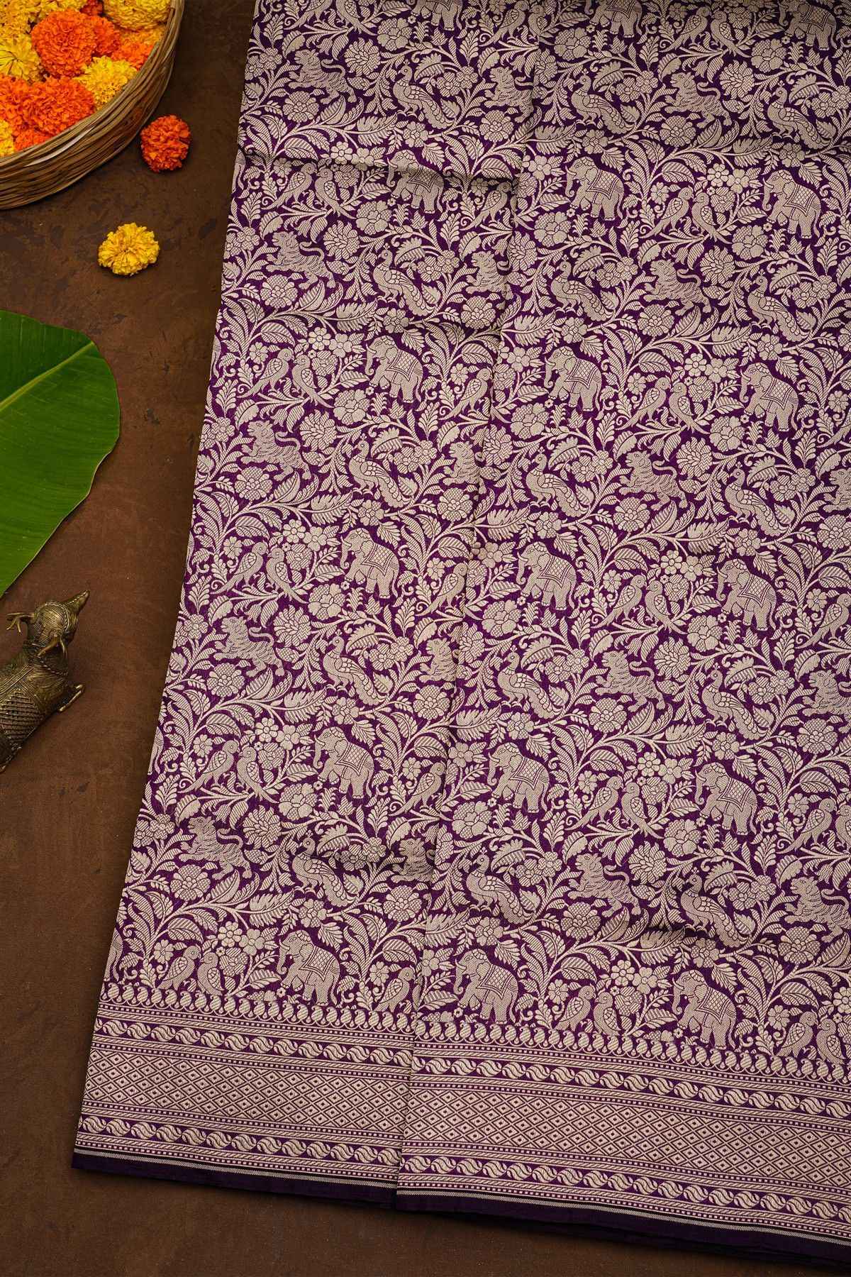 Banarasi Silk Purple Saree With Diamonds In Zari Border