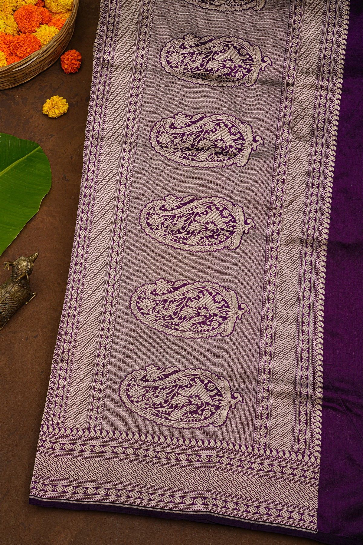 Banarasi Silk Purple Saree With Diamonds In Zari Border