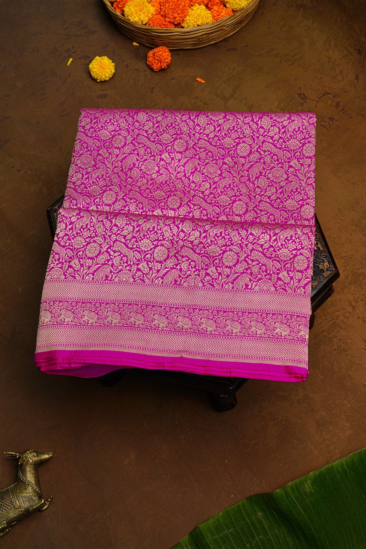 Banarasi Silk Rani Pink Saree With Florals And Elephants Border