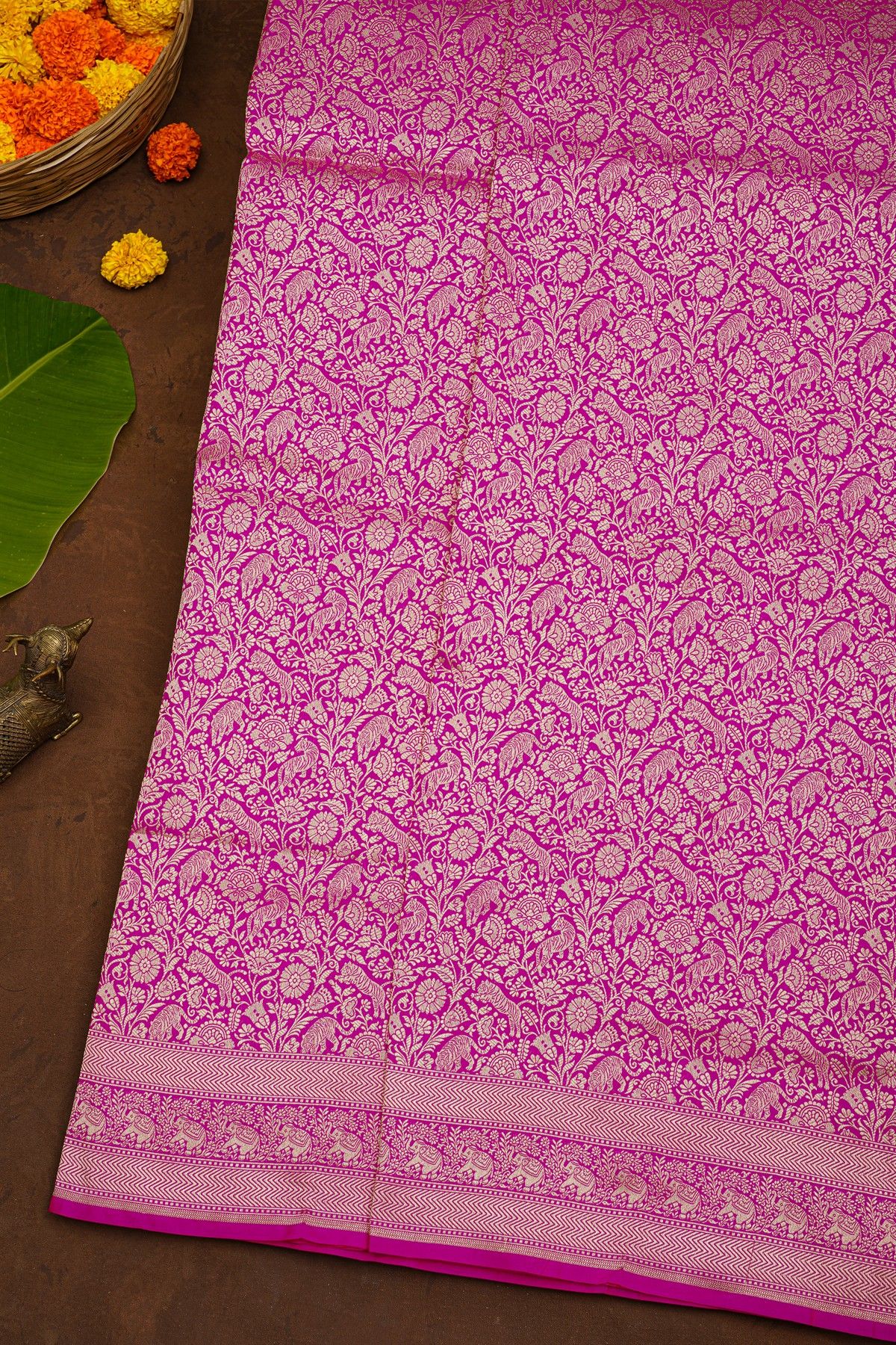 Banarasi Silk Rani Pink Saree With Florals And Elephants Border