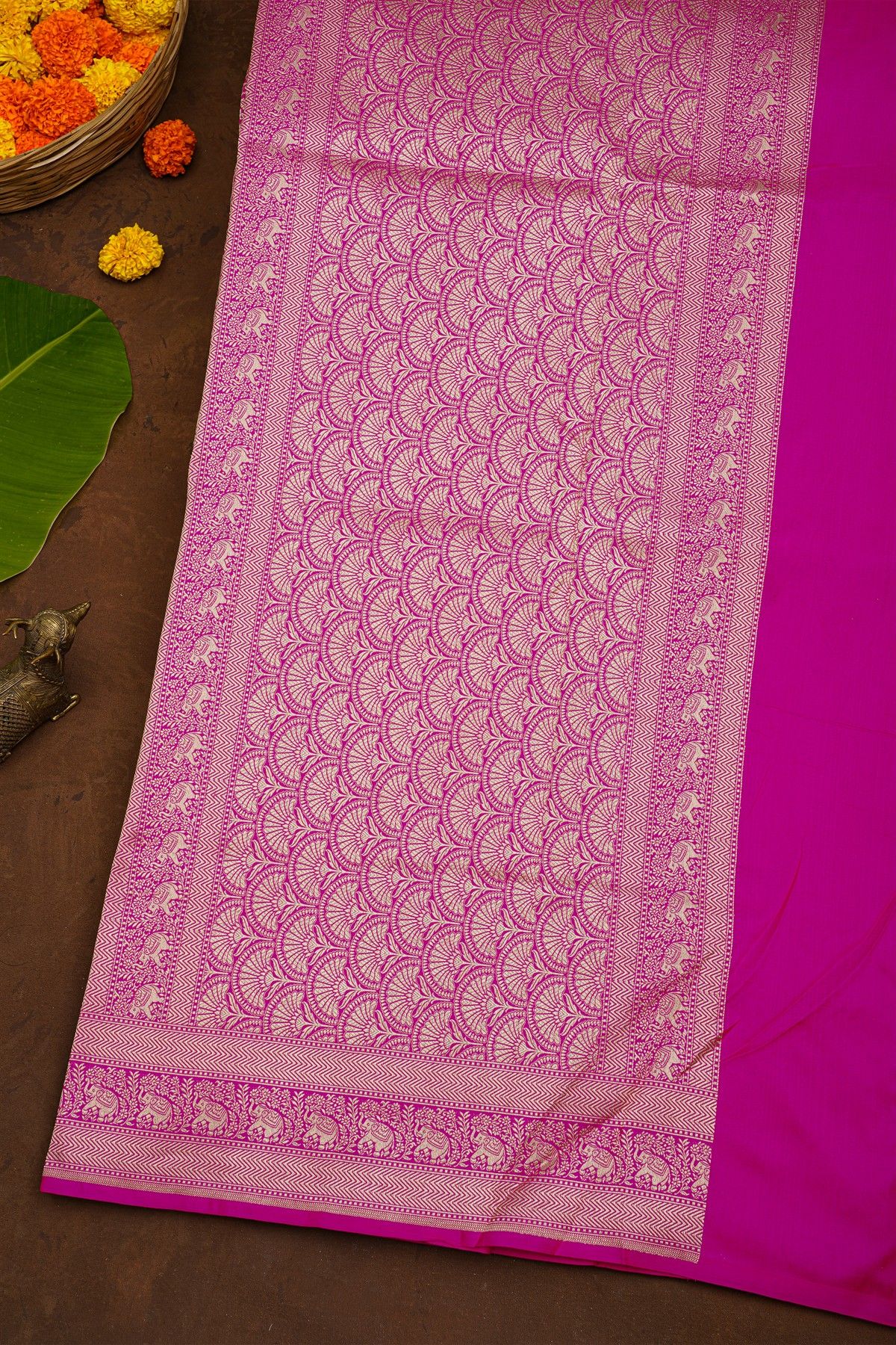 Banarasi Silk Rani Pink Saree With Florals And Elephants Border