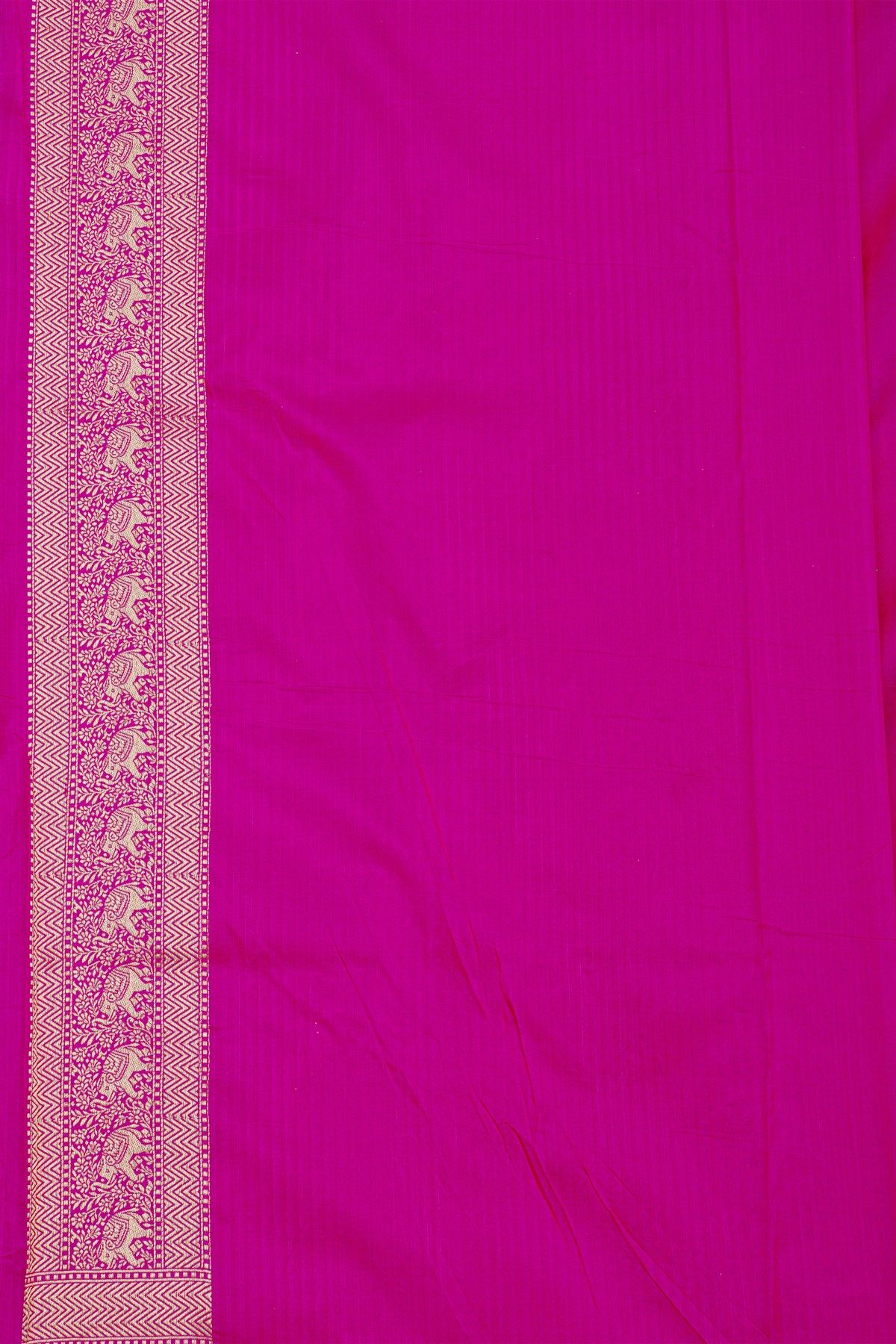 Banarasi Silk Rani Pink Saree With Florals And Elephants Border