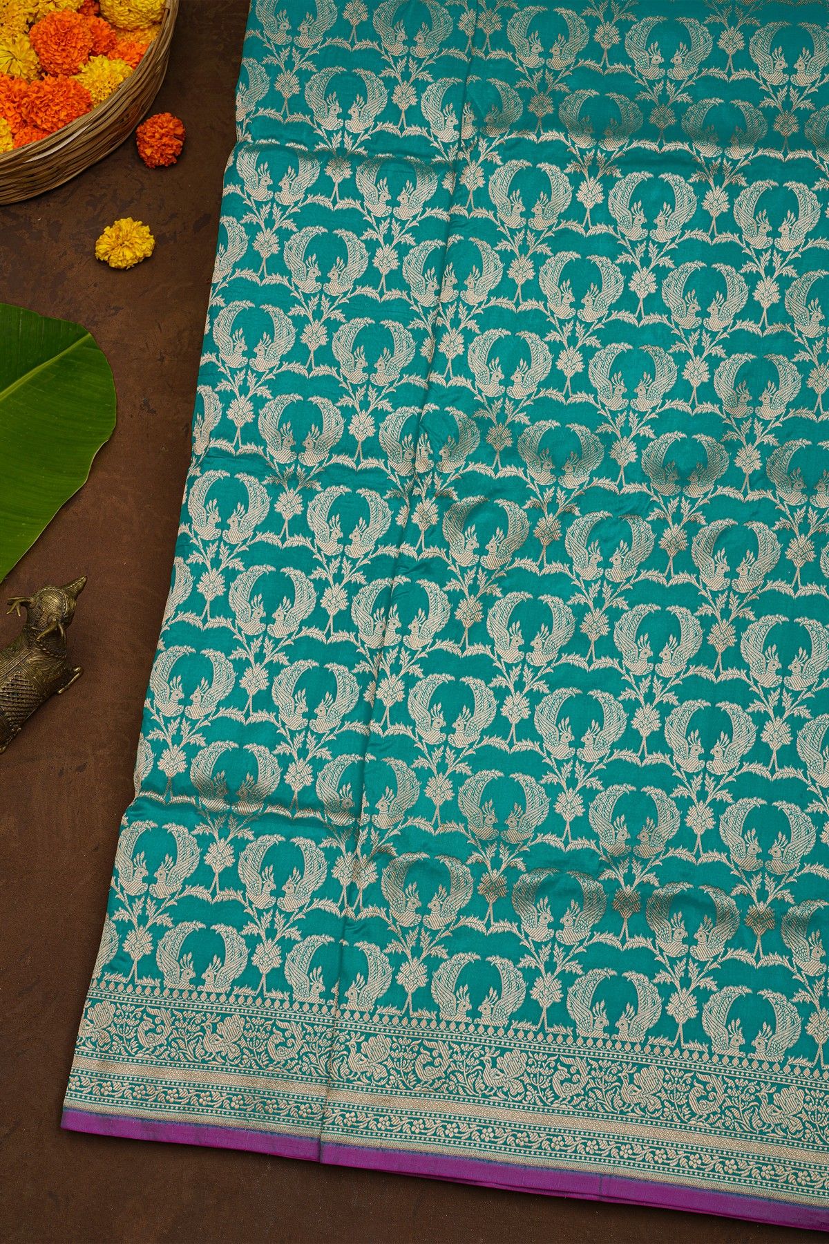 Banarasi Silk Teal Blue Saree With Florals And Pecocks Body