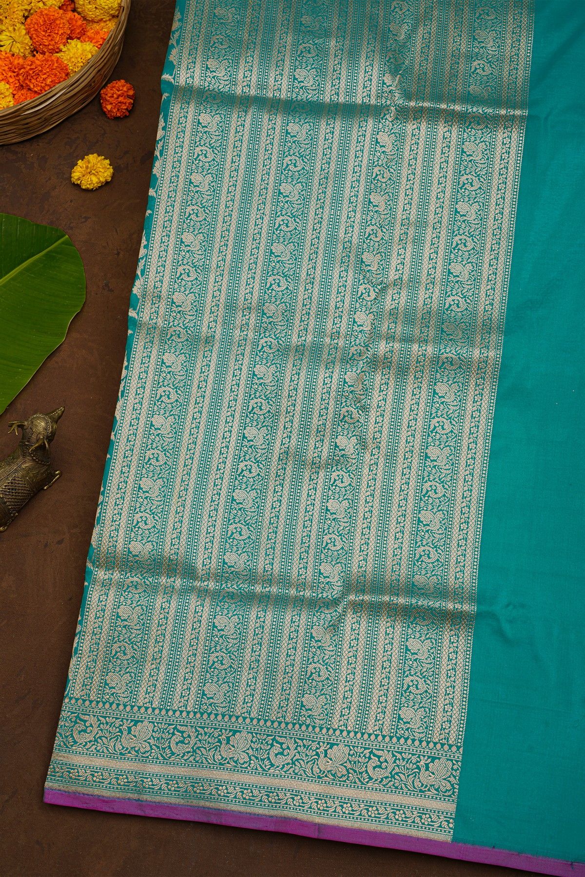 Banarasi Silk Teal Blue Saree With Florals And Pecocks Body