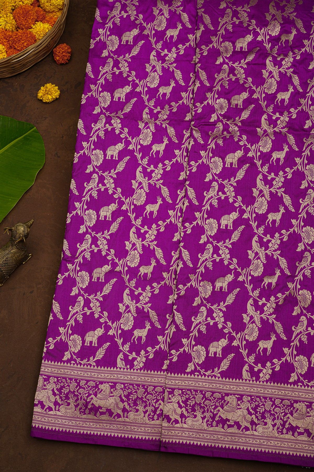 Banarasi Silk Violet Saree With Florals Jaal And Animals Body