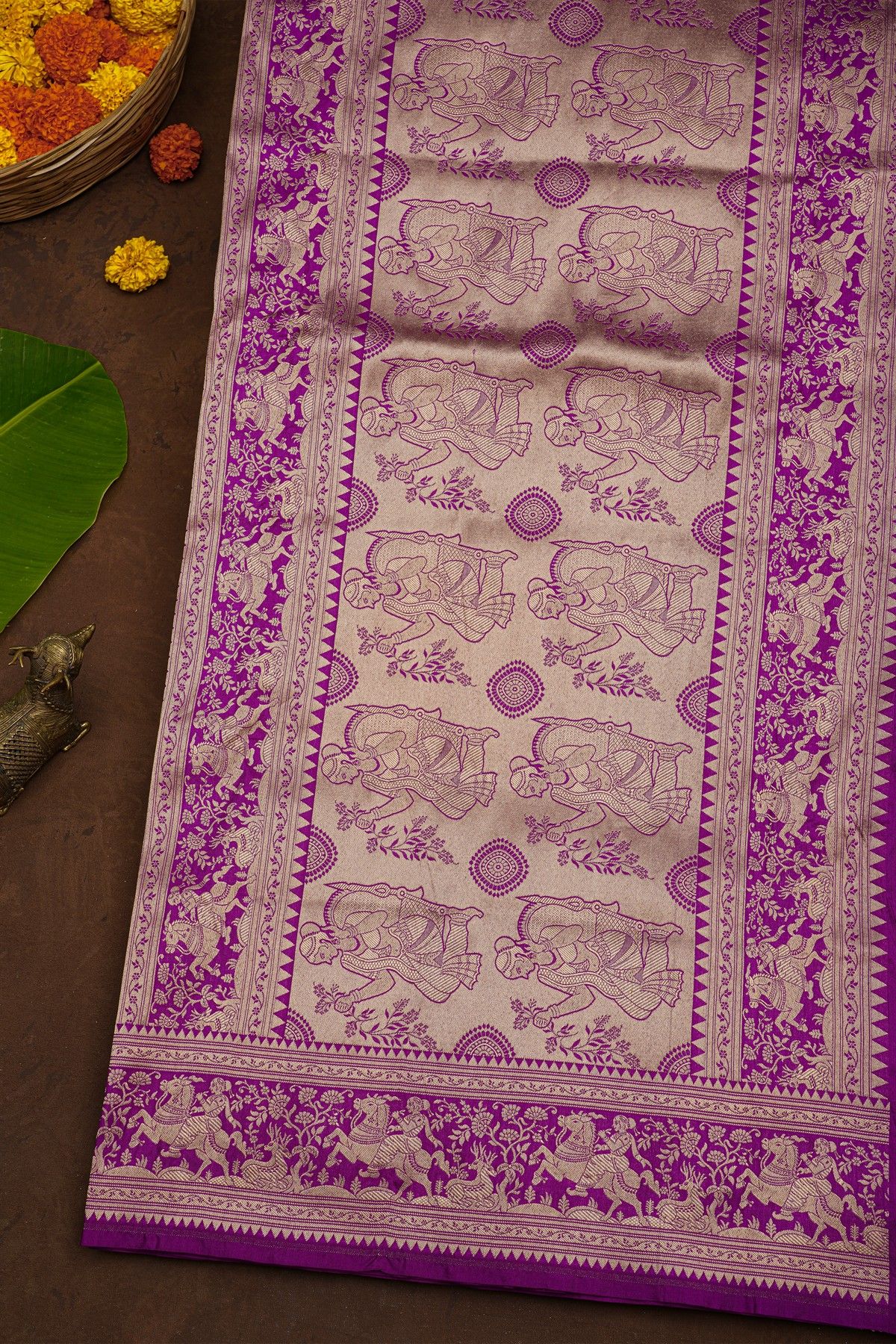 Banarasi Silk Violet Saree With Florals Jaal And Animals Body