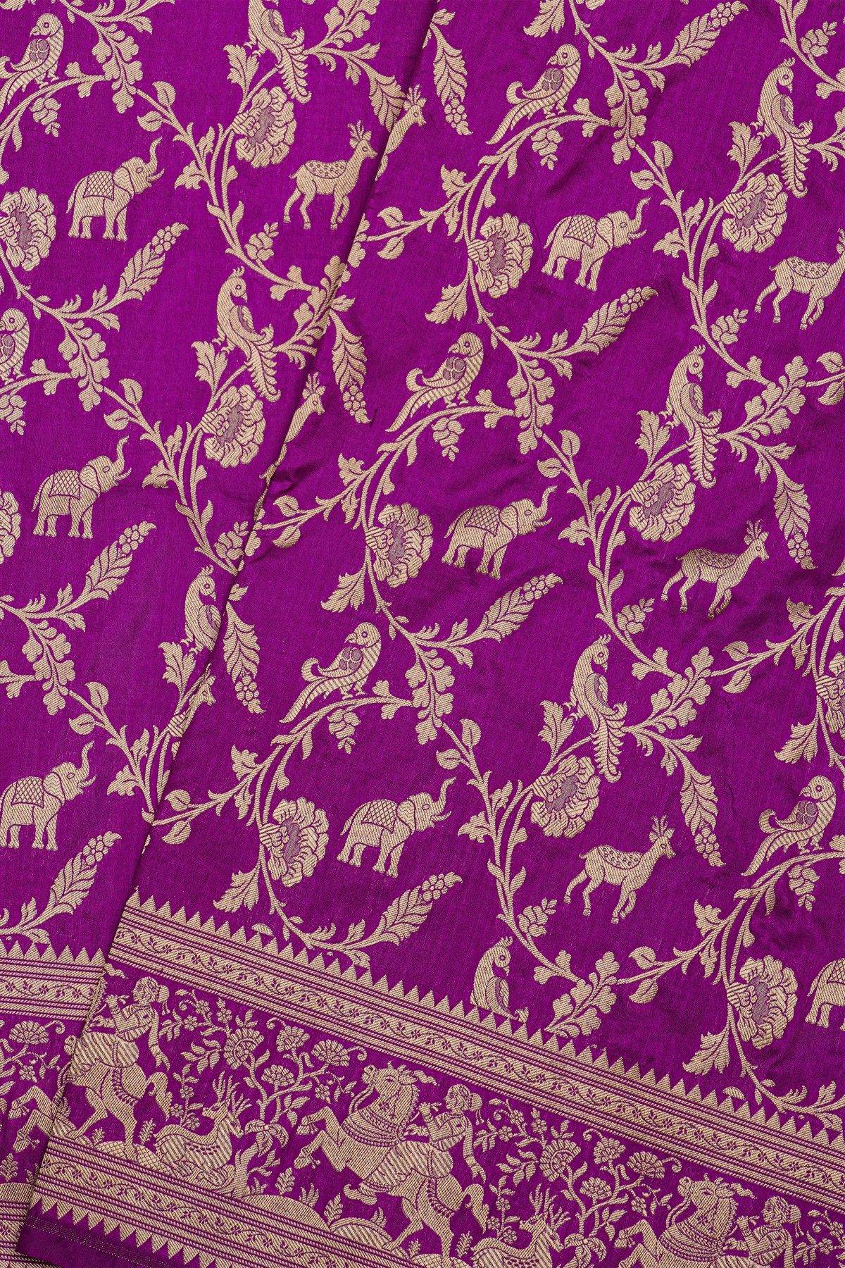 Banarasi Silk Violet Saree With Florals Jaal And Animals Body