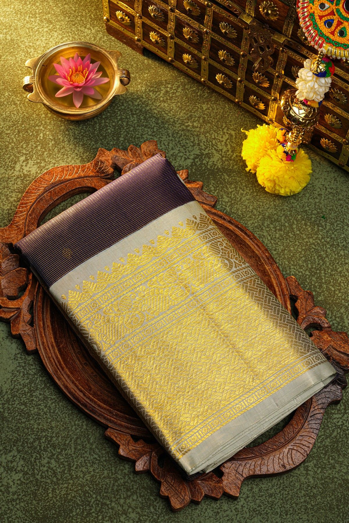 Kancheepuram Silk Purple Saree With Gold Buttas And Brown Zari Border With Traditional Woven Motifs