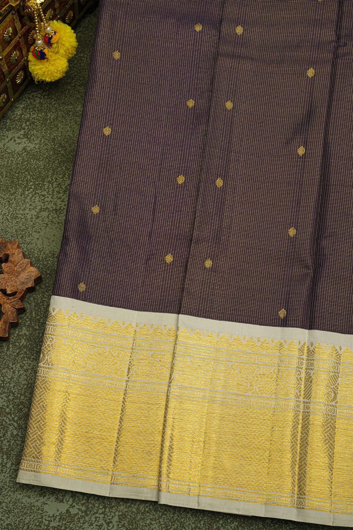 Kancheepuram Silk Purple Saree With Gold Buttas And Brown Zari Border With Traditional Woven Motifs