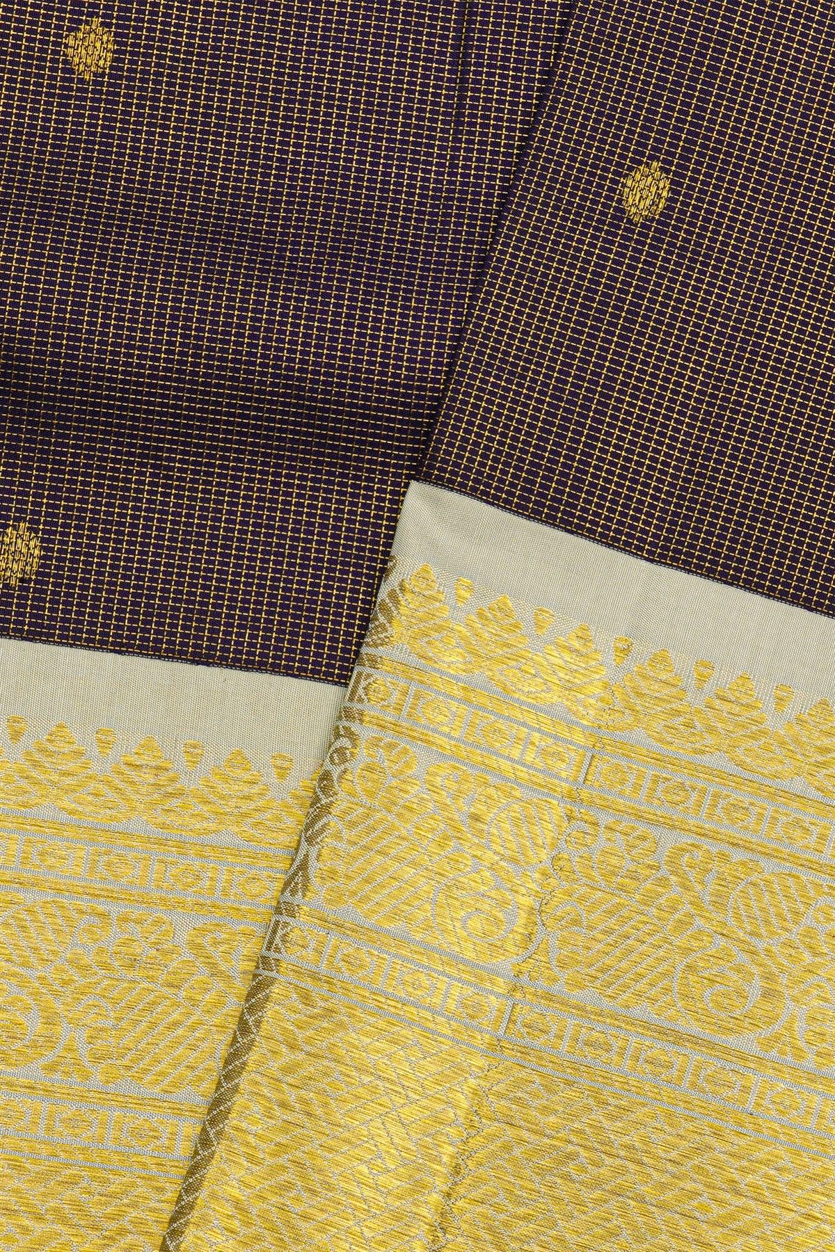 Kancheepuram Silk Purple Saree With Gold Buttas And Brown Zari Border With Traditional Woven Motifs
