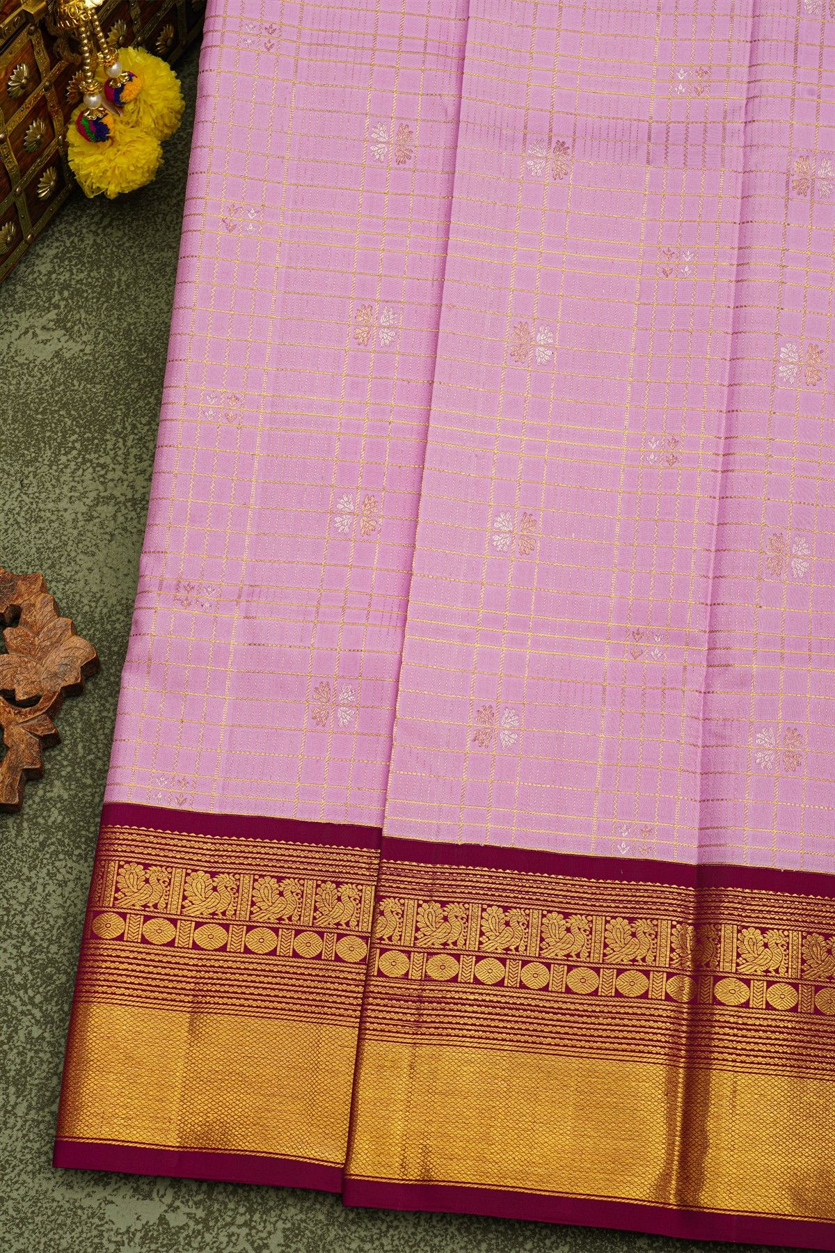 Kancheepuram Silk Lavender Saree With Checks And Floral Buttis Body And Contrast Peacocks Border