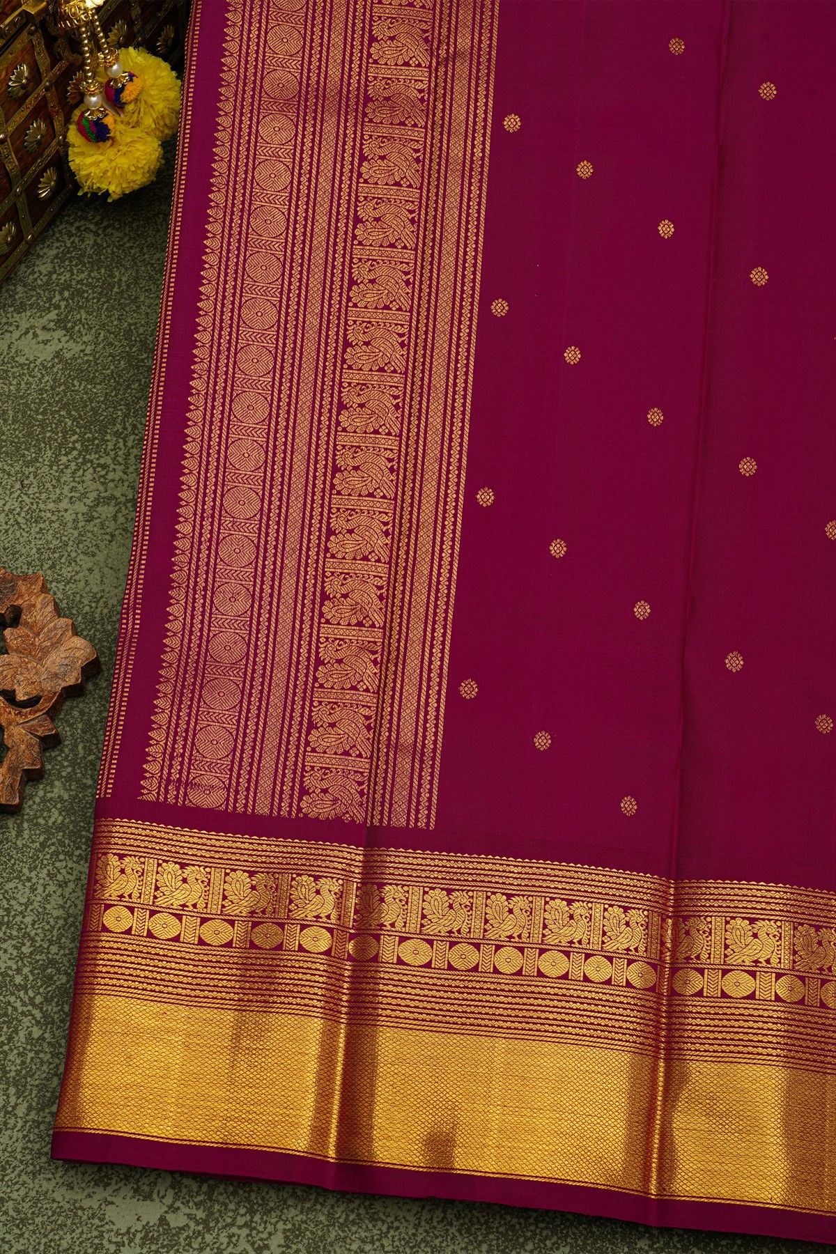 Kancheepuram Silk Lavender Saree With Checks And Floral Buttis Body And Contrast Peacocks Border