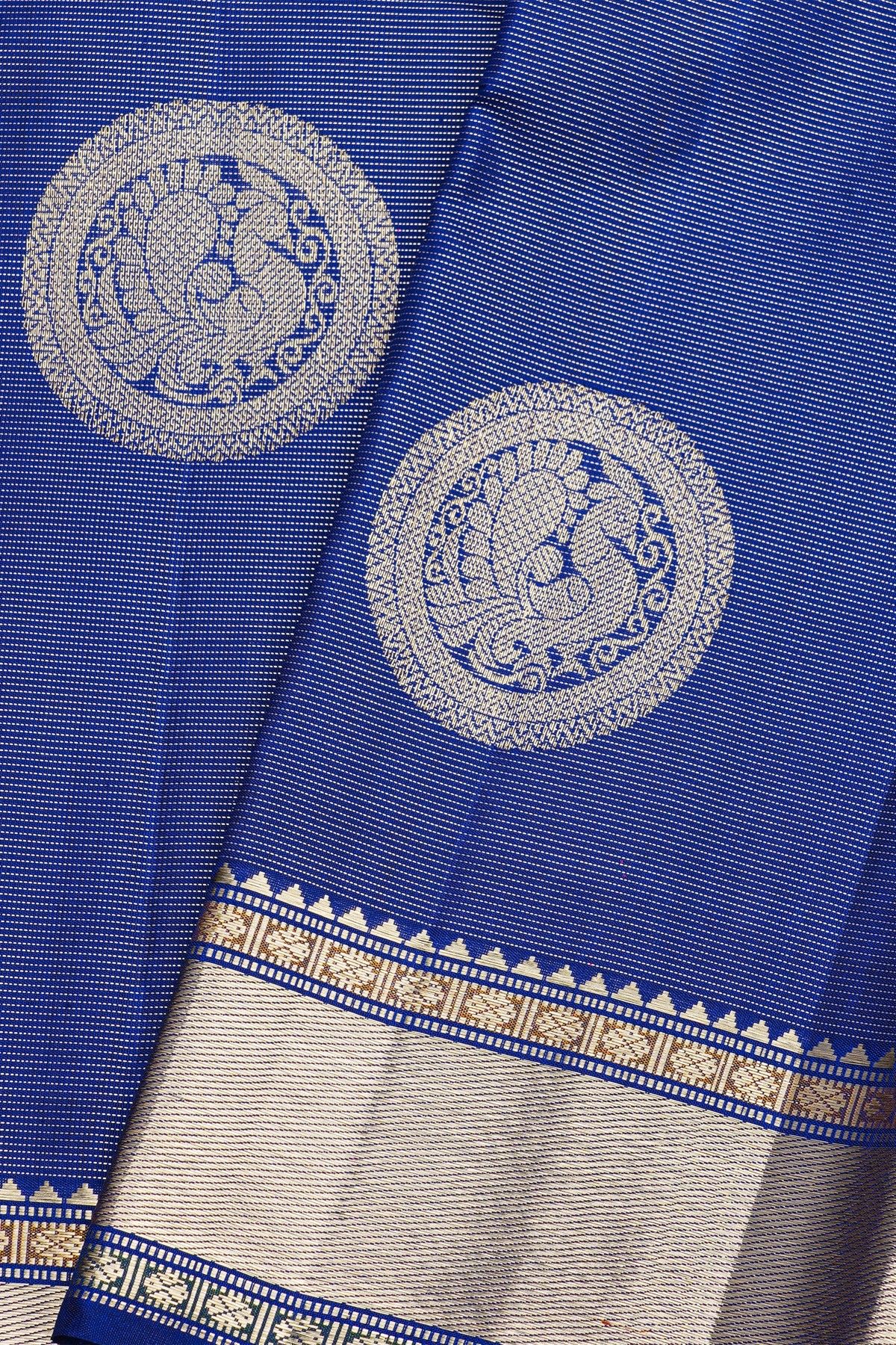 Kancheepuram Silk Royal Blue Saree With Florals In Circles Body And Self Cross Lines Border