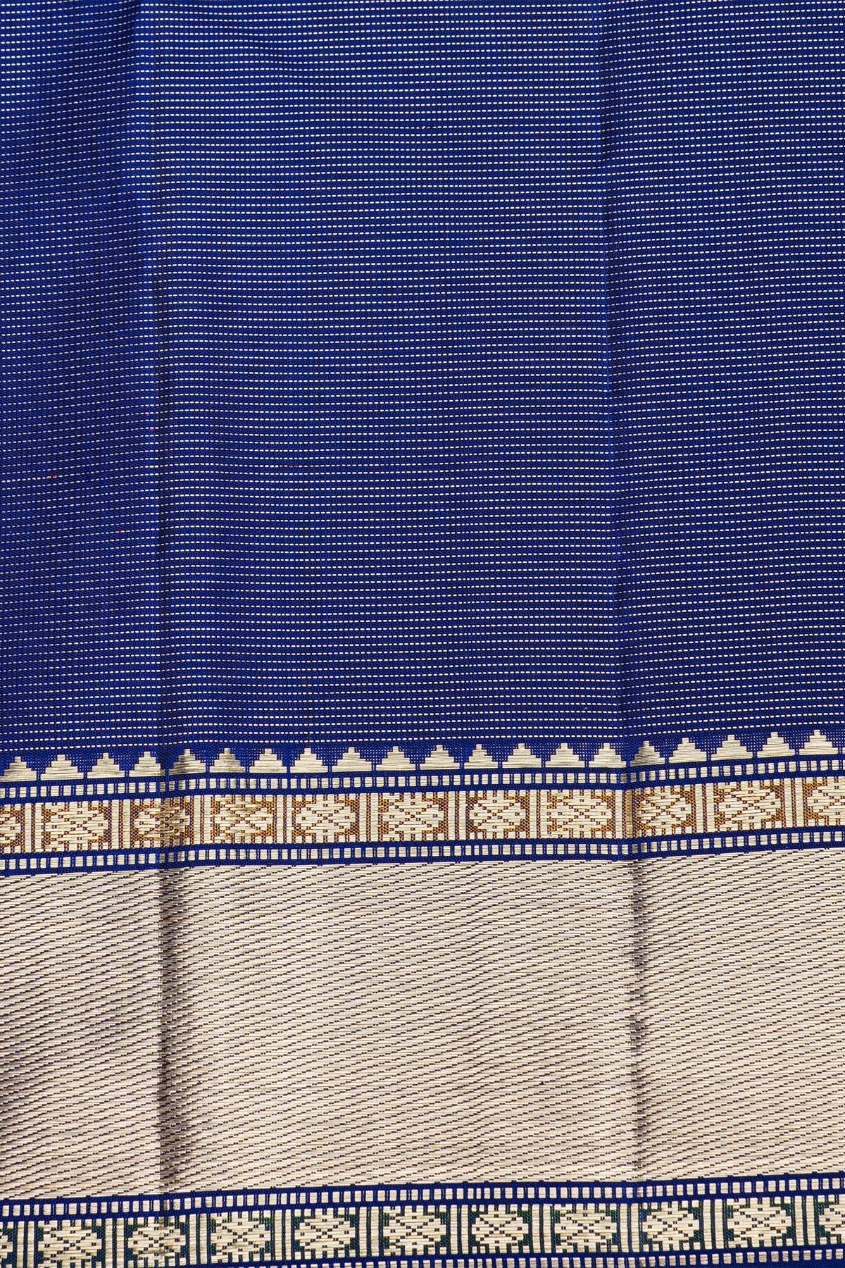 Kancheepuram Silk Royal Blue Saree With Florals In Circles Body And Self Cross Lines Border
