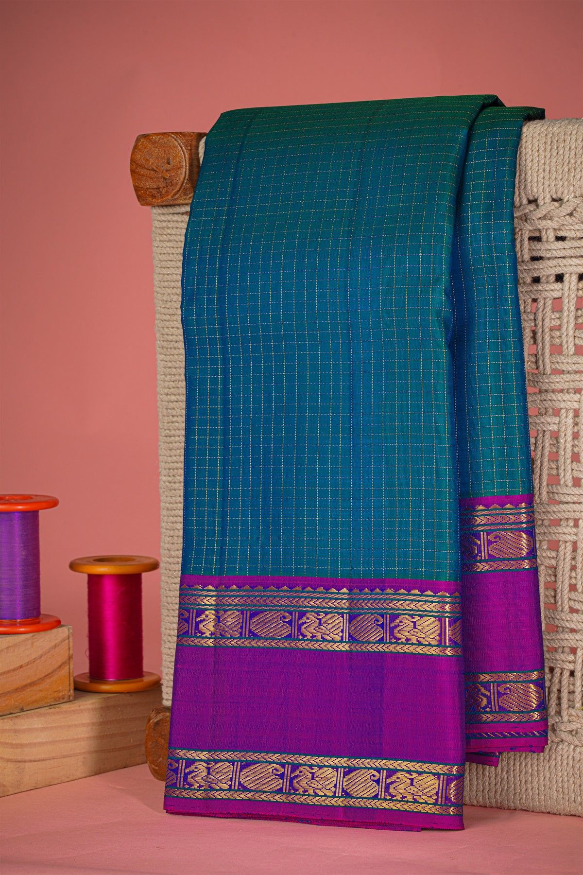 Kancheepuram Silk Peacock Blue Saree With Zari Checks Body Gap Border