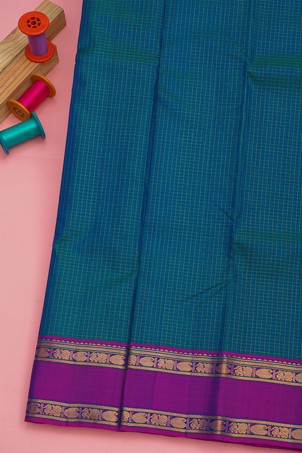 Kancheepuram Silk Peacock Blue Saree With Zari Checks Body Gap Border