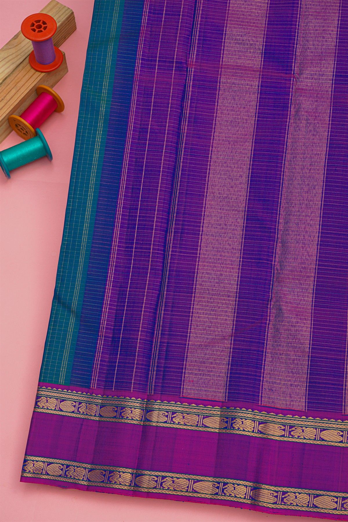 Kancheepuram Silk Peacock Blue Saree With Zari Checks Body Gap Border