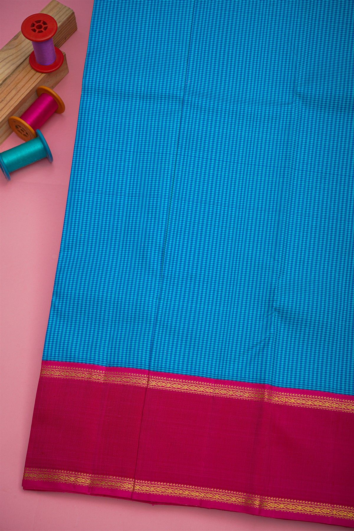 Kancheepuram Silk Sky Blue Saree With Kattam Checks