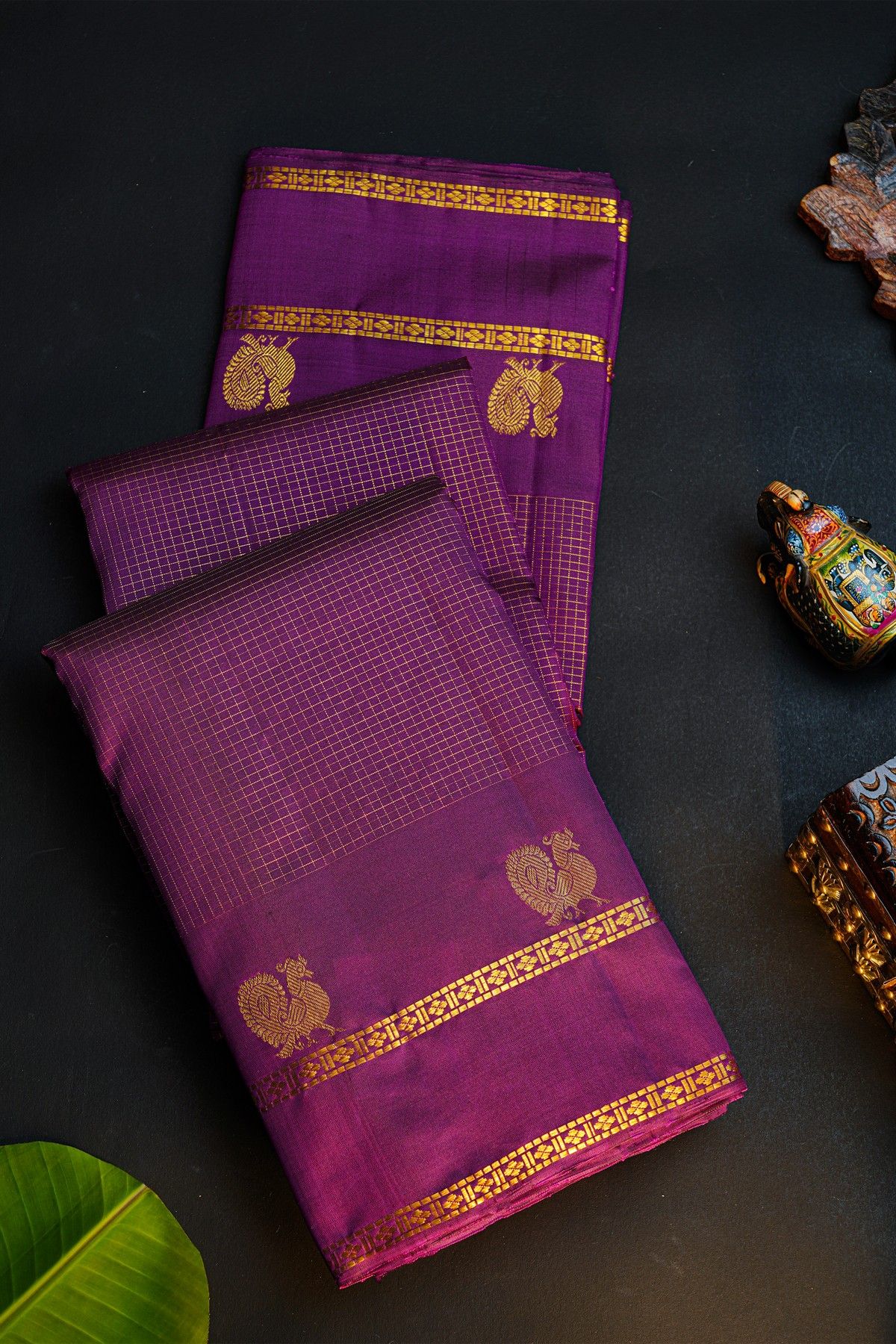 Kancheepuram Silk Purple Saree With Zari Checks Body And Self Peacock Buttis In Gap Border