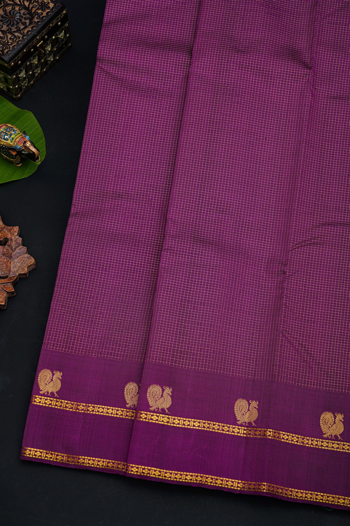 Kancheepuram Silk Purple Saree With Zari Checks Body And Self Peacock Buttis In Gap Border