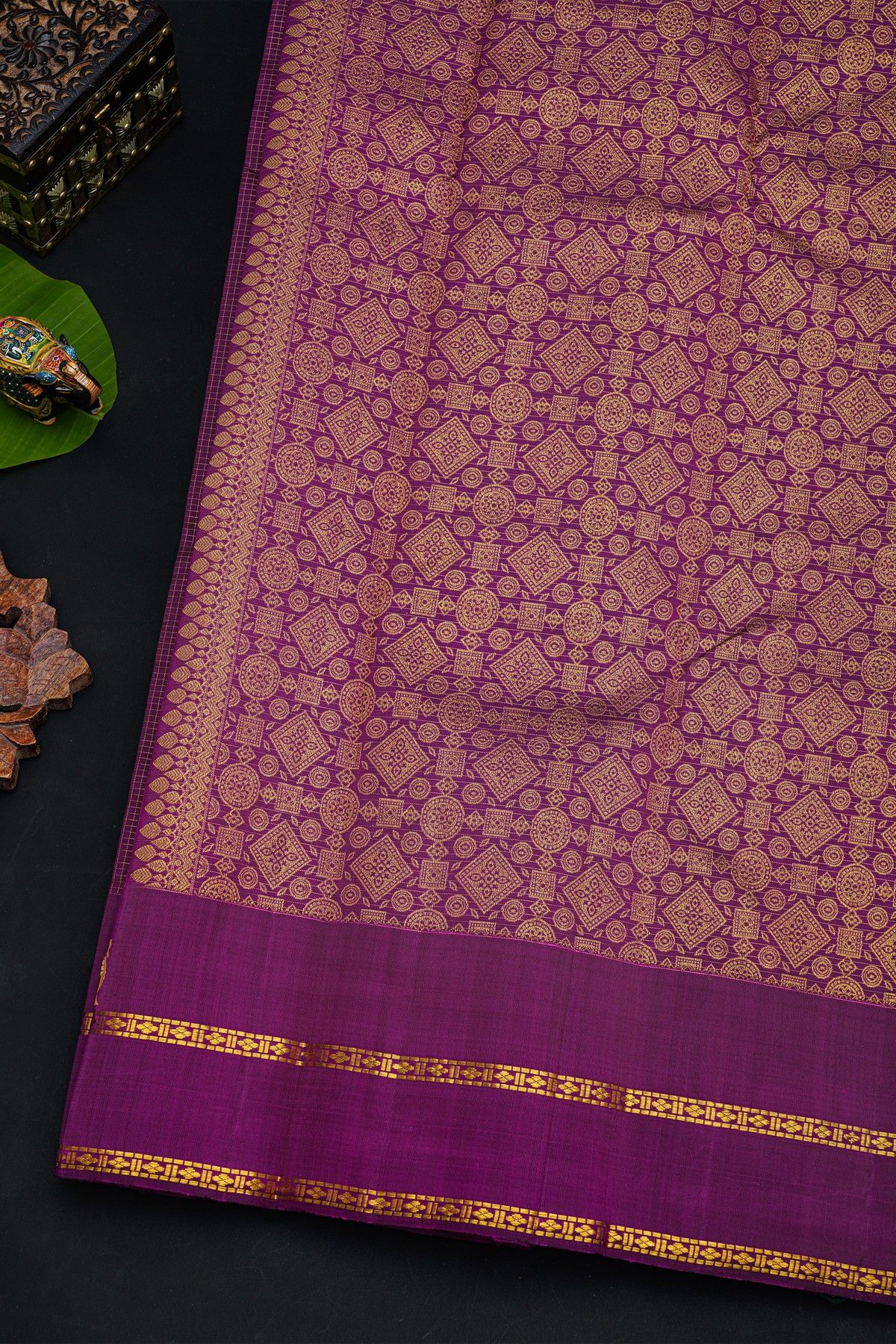 Kancheepuram Silk Purple Saree With Zari Checks Body And Self Peacock Buttis In Gap Border