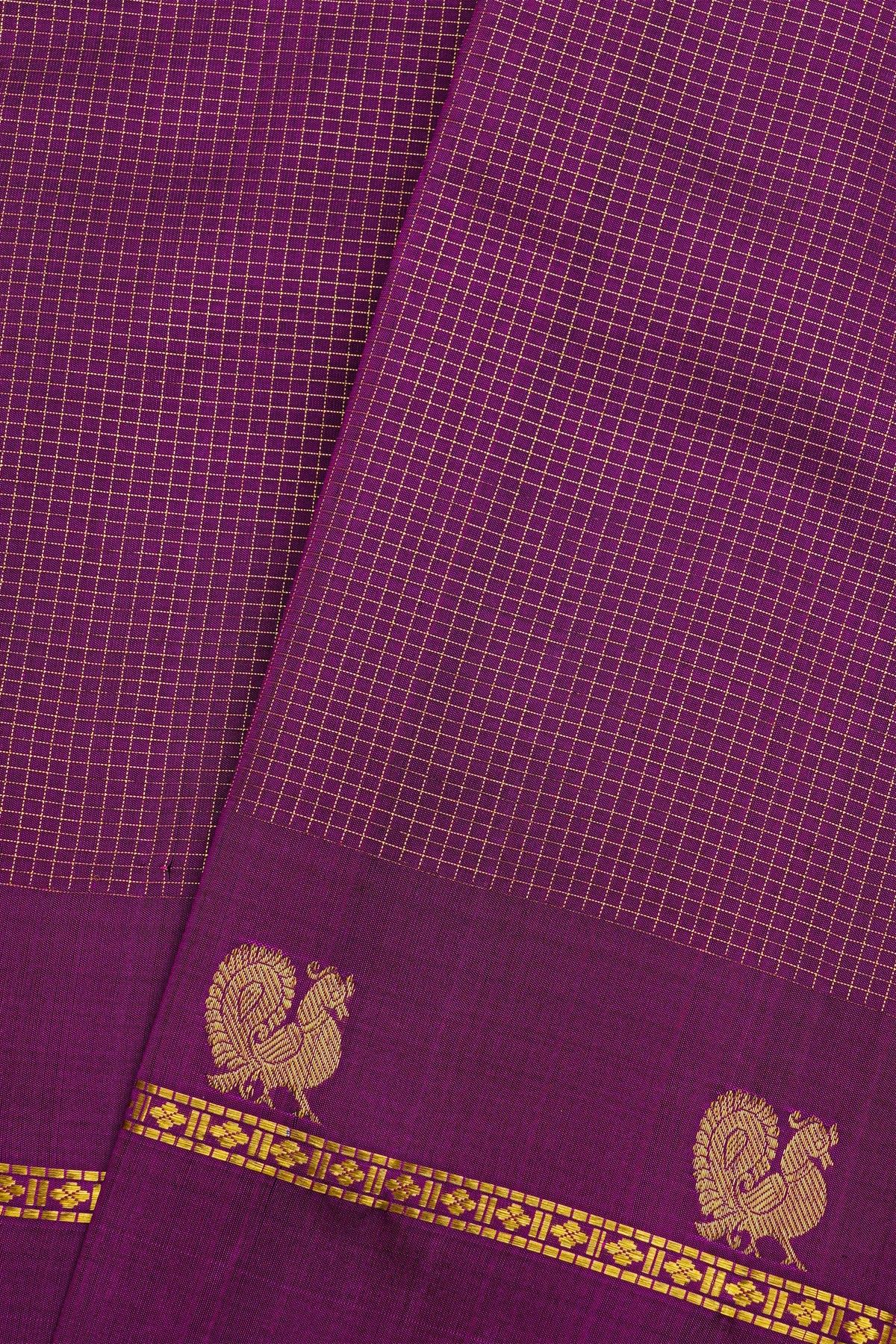 Kancheepuram Silk Purple Saree With Zari Checks Body And Self Peacock Buttis In Gap Border