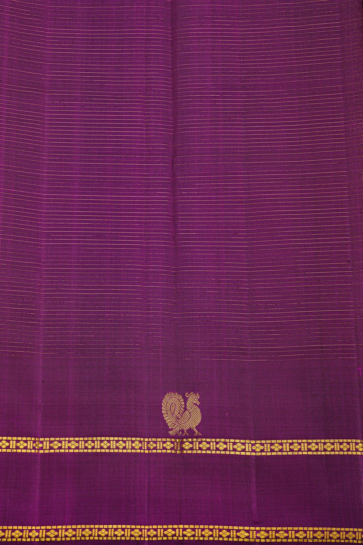 Kancheepuram Silk Purple Saree With Zari Checks Body And Self Peacock Buttis In Gap Border