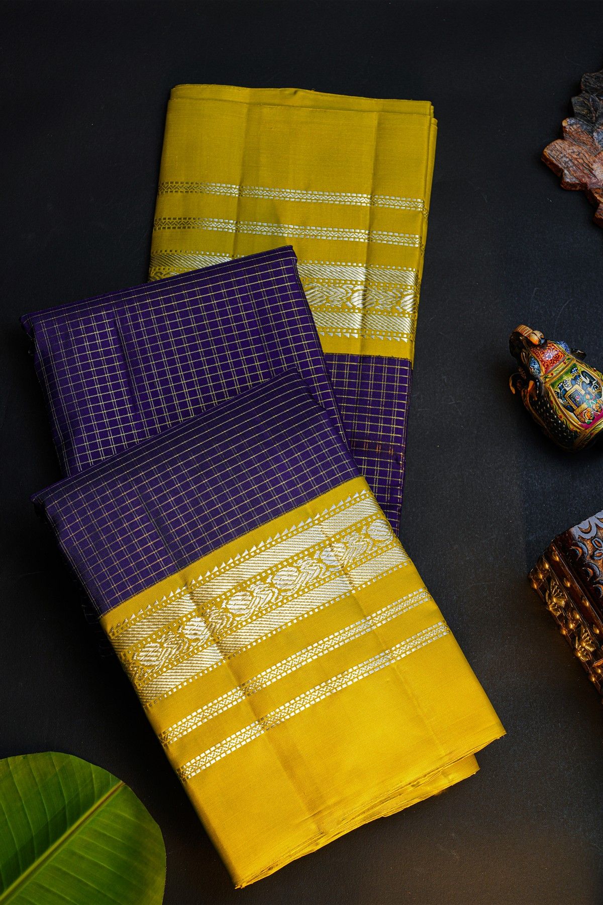 Kancheepuram Silk Navy Blue Saree With Zari Checks Body Peacocks Border