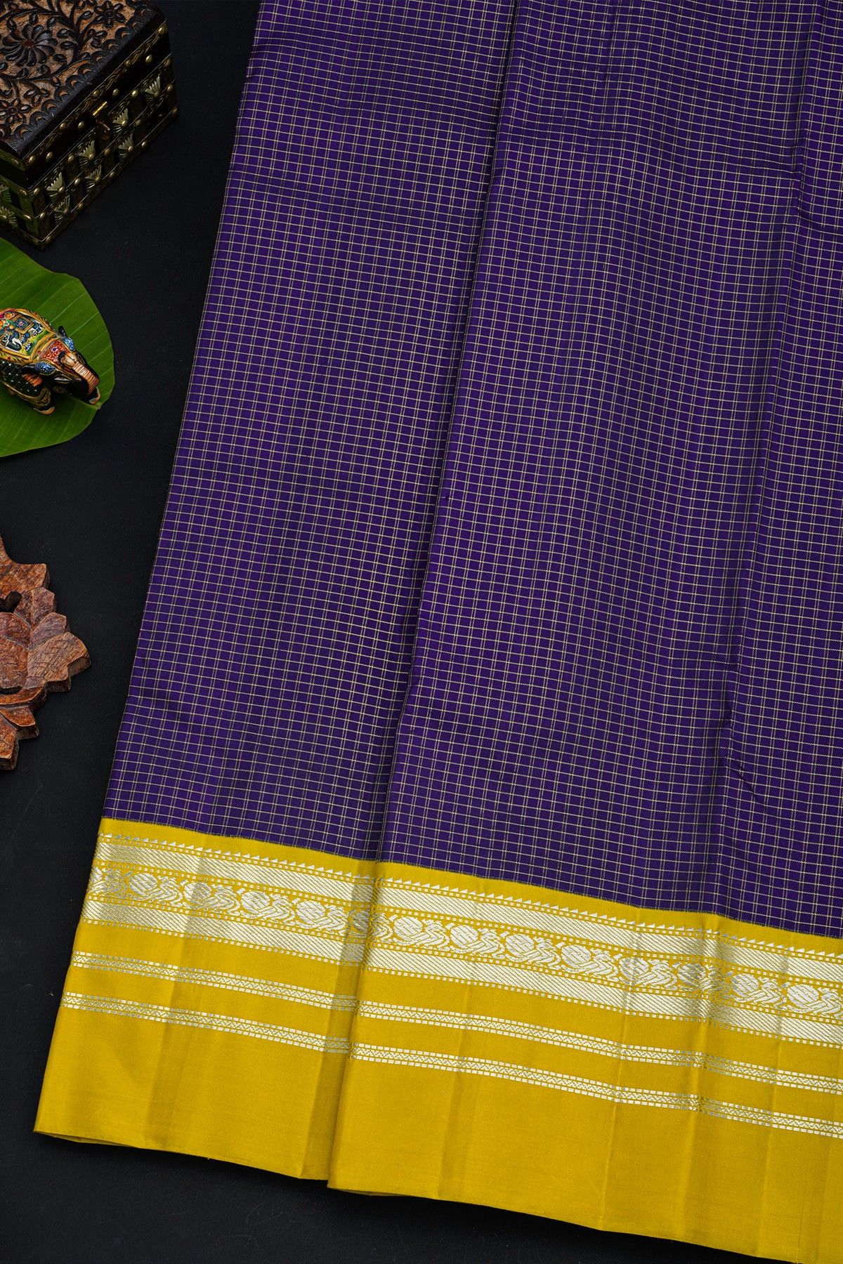 Kancheepuram Silk Navy Blue Saree With Zari Checks Body Peacocks Border