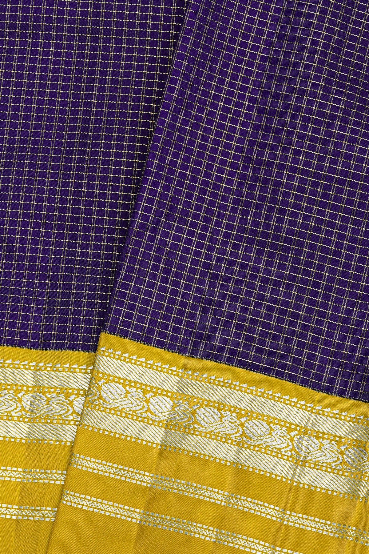 Kancheepuram Silk Navy Blue Saree With Zari Checks Body Peacocks Border