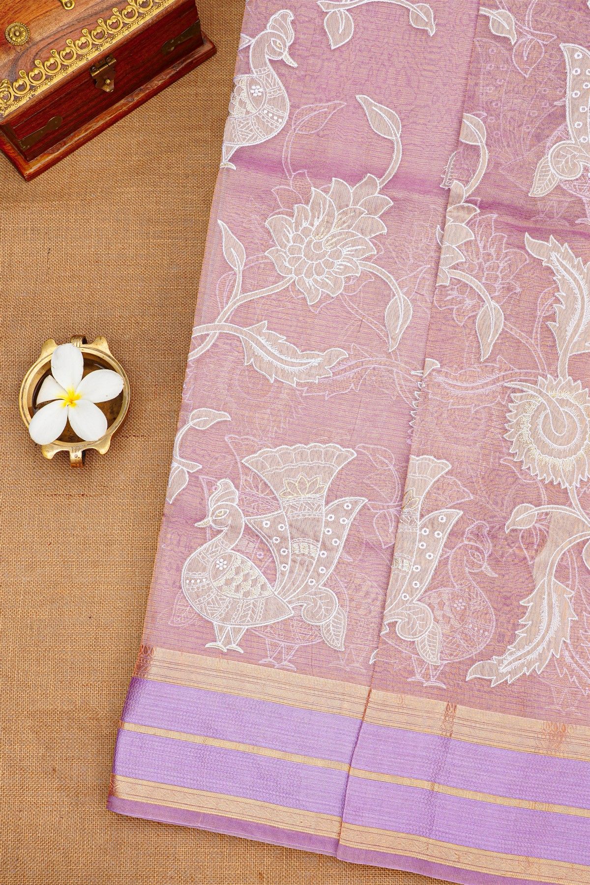 Fancy Kora Lavender Saree With Florals And Peacocks In Thread Work Body And Contrast Zig-Zag Lines Border And Lines Pallu