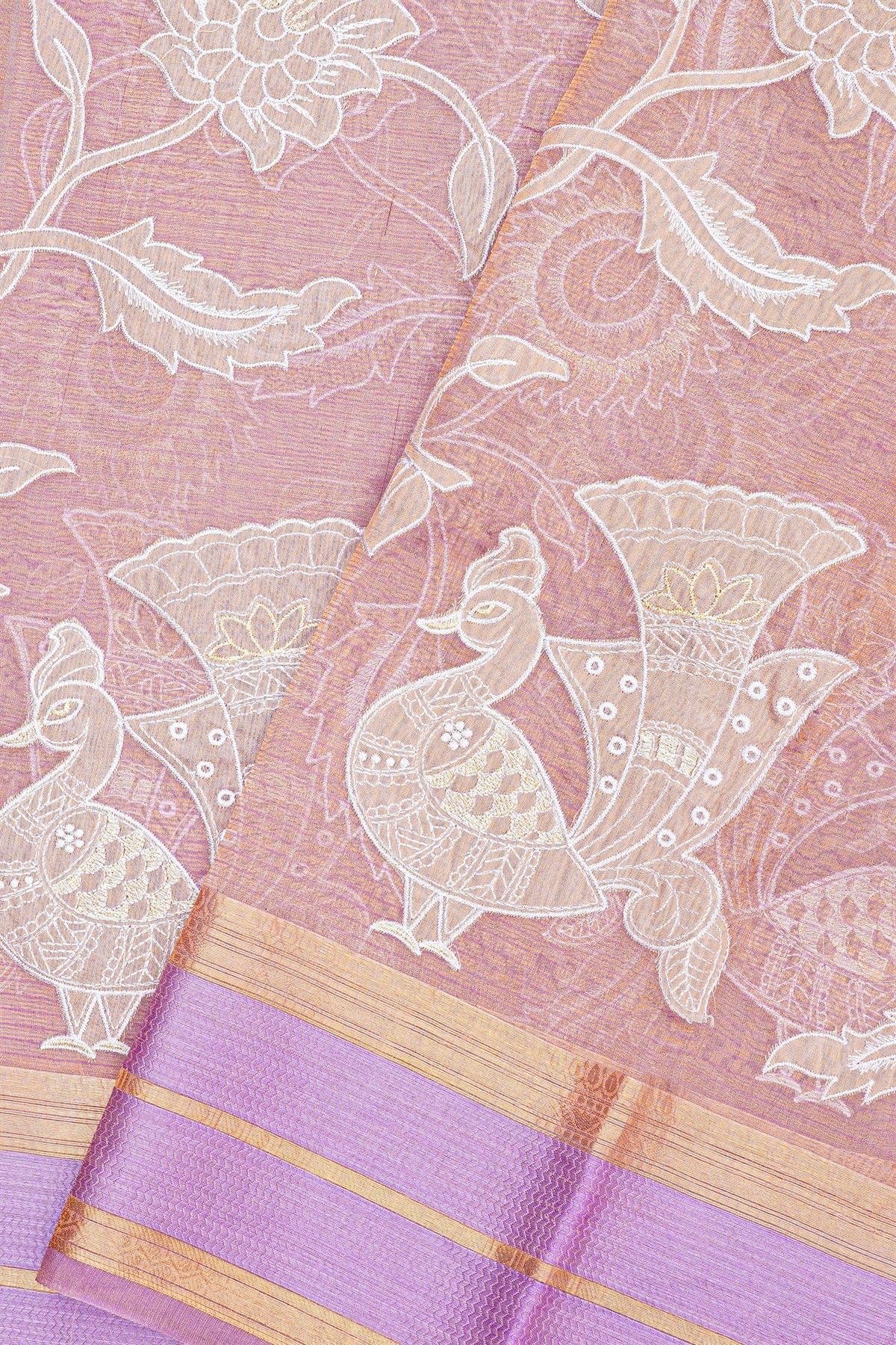 Fancy Kora Lavender Saree With Florals And Peacocks In Thread Work Body And Contrast Zig-Zag Lines Border And Lines Pallu
