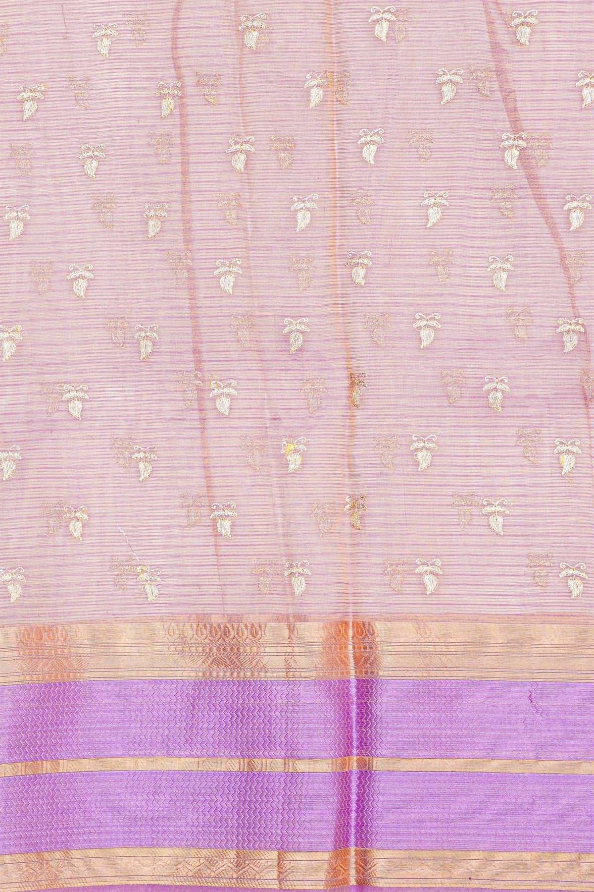 Fancy Kora Lavender Saree With Florals And Peacocks In Thread Work Body And Contrast Zig-Zag Lines Border And Lines Pallu