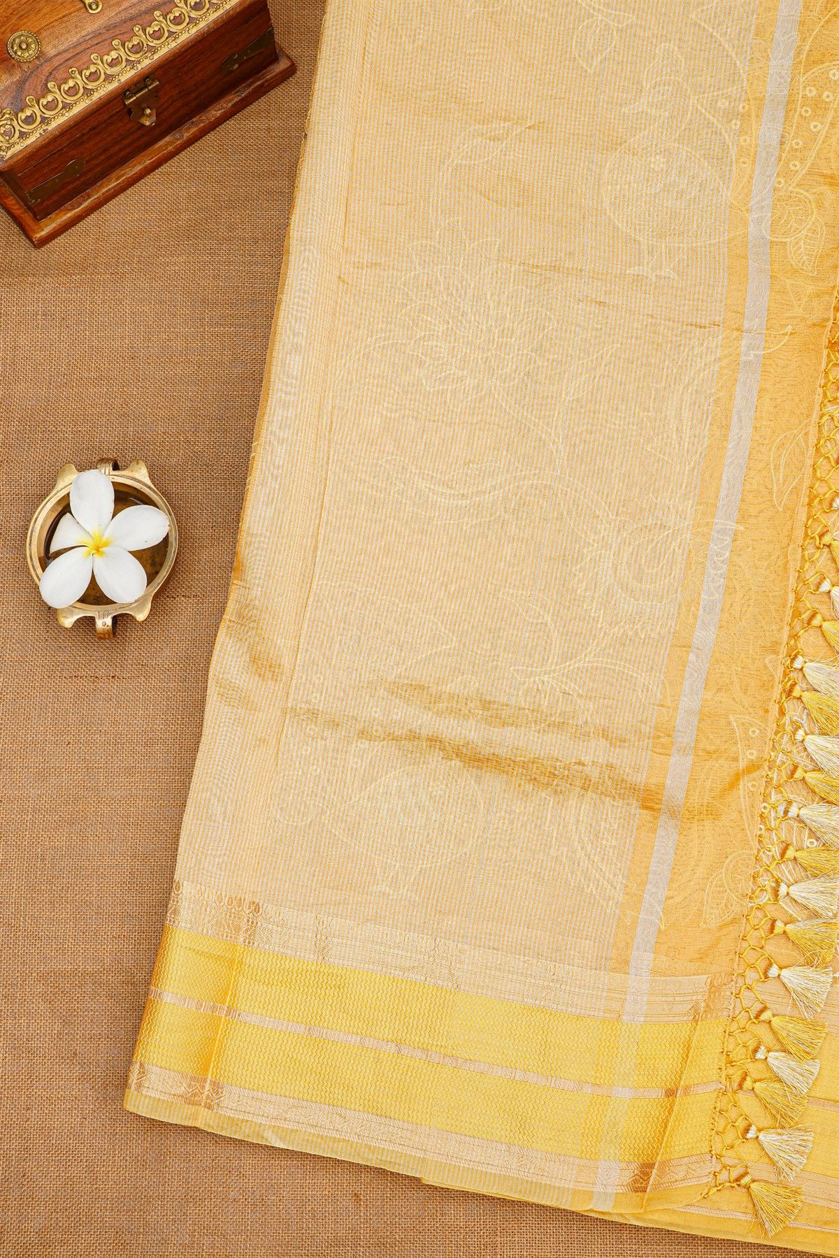 Fancy Kora Light Orange Saree With Florals And Peacocks In Thread Work Body And Contrast Zig-Zag Lines Border And Zari Lines Pallu