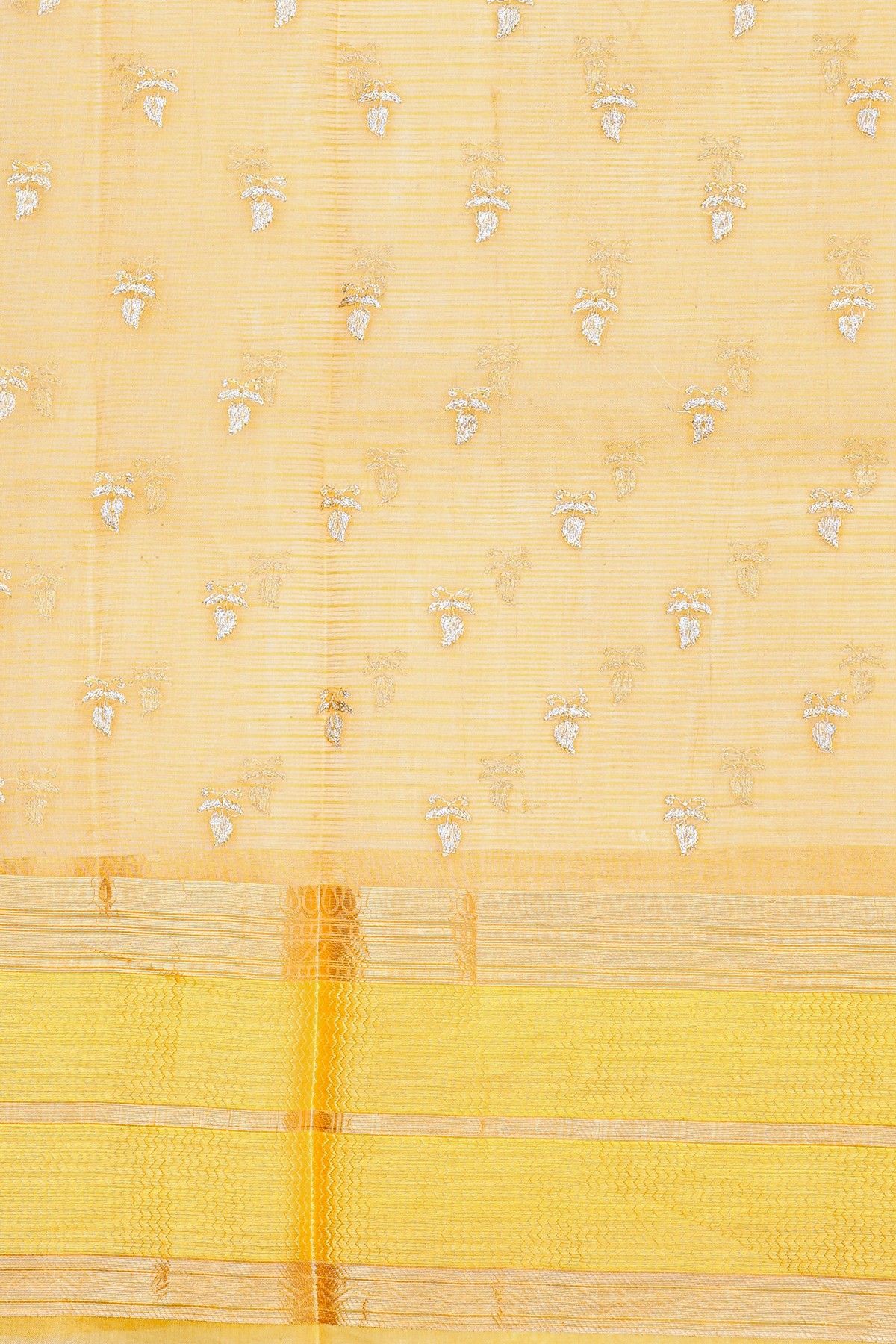 Fancy Kora Light Orange Saree With Florals And Peacocks In Thread Work Body And Contrast Zig-Zag Lines Border And Zari Lines Pallu